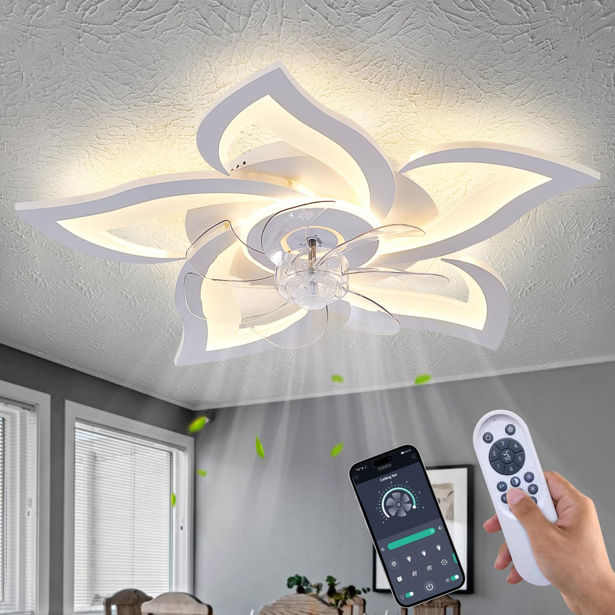 Ruibutrade White Flower Modern CeilingFans with Lights, Low Profile Ceiling Fan with Remote for Bedroom, Flush Mount Ceiling Fan with LED Dimmable Light,3-Colors, 6-Speeds, Timing Ceiling Fan Light Ruibutrade