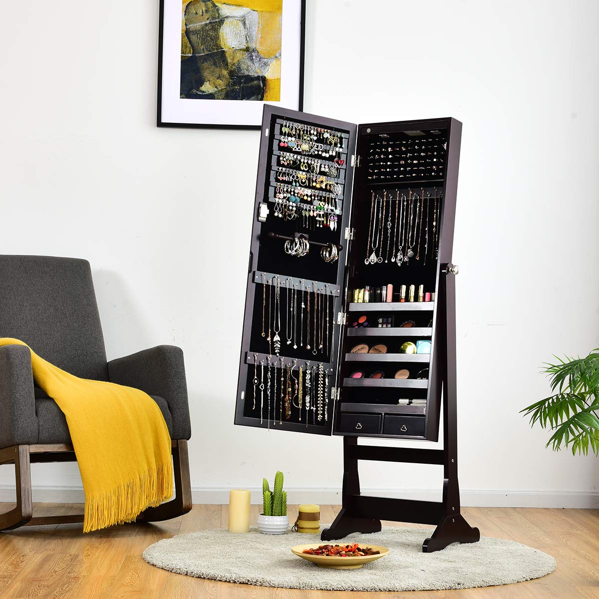 Giantex 2 LEDs Standing Jewelry Cabinet with Full-Length Mirror, Lockable Mirrored Jewelry Armoire with 2 Drawers, 4 Adjustable Angles, Jewelry Storage Organizer (Brown) Giantex