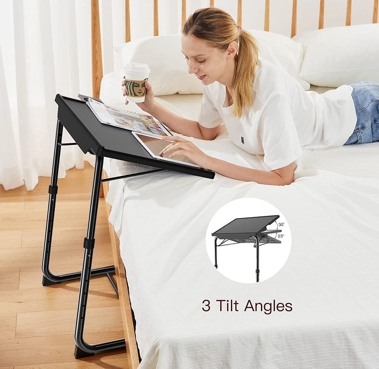 Adjustable TV Tray Table - TV Dinner Tray on Bed & Sofa, Comfortable Folding Table with 6 Height & 3 Tilt Angle Adjustments (Black) HUANUO