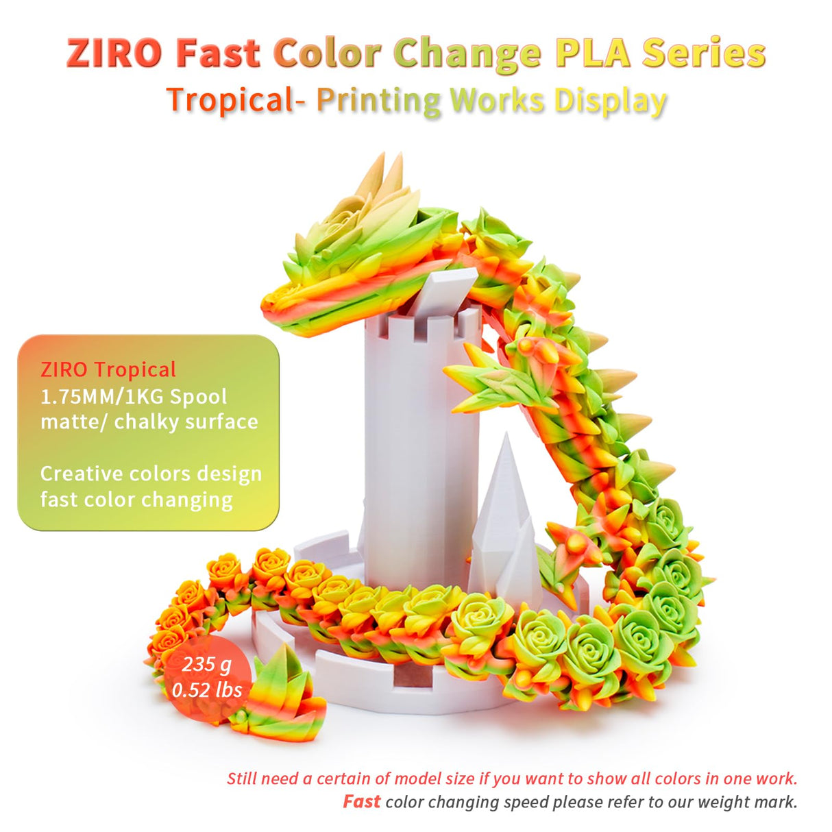 ZIRO 3D Printer Filament, Faster Color Change Filament 1.75mm, Color Gradient Material, No-Shine Rainbow PLA, Dimensional Accuracy +/- 0.03mm, Fit Most FDM Printer 1KG Spool, Tropical (Matte) ZIRO