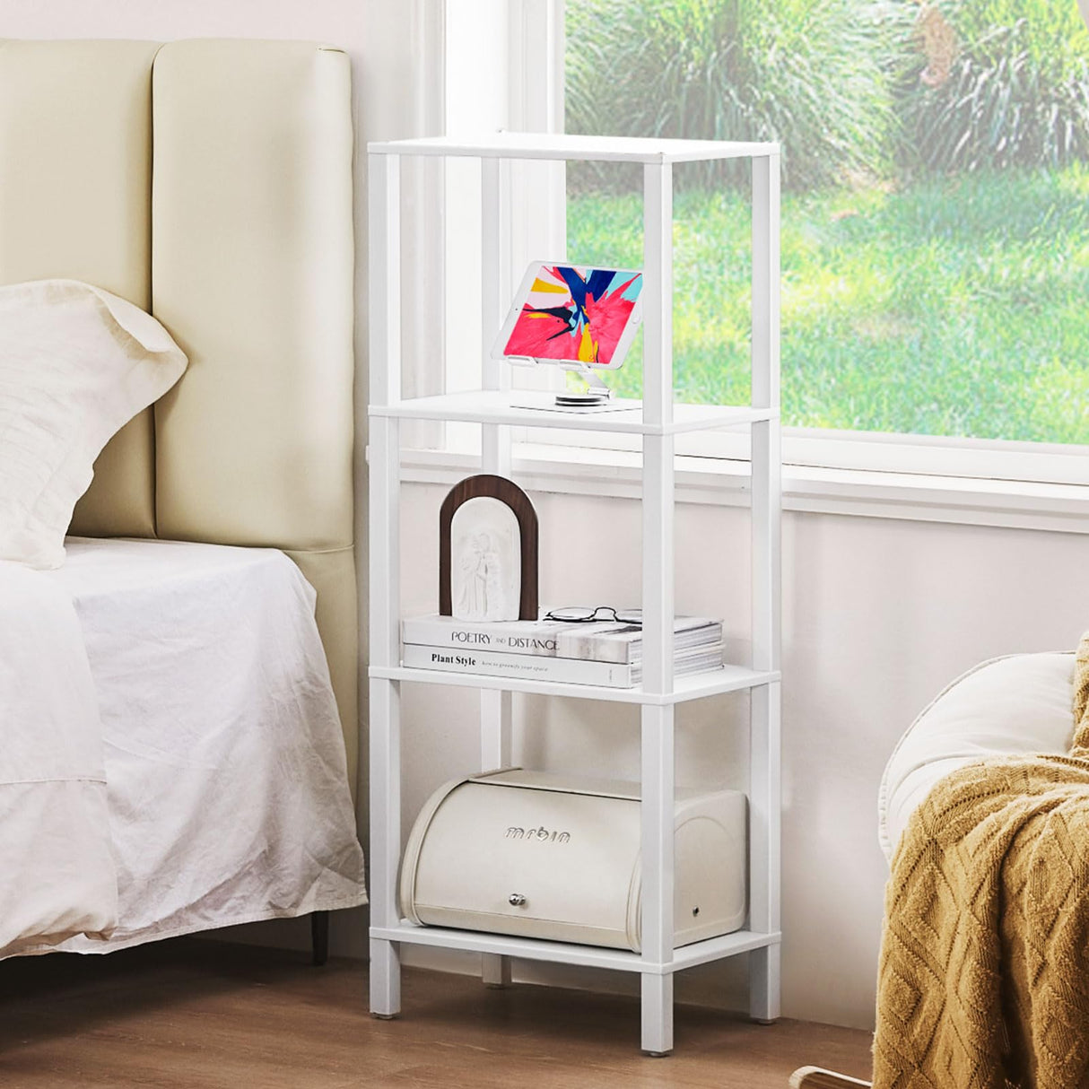 YUFAM 4 Tier Tall Wooden Bookshelf with Storage - Small White Bookcase for Small Spaces, Small Shelf for Living Room, Office, Bedroom, Kitchen - Industrial Modern Book Shelf YUFAM