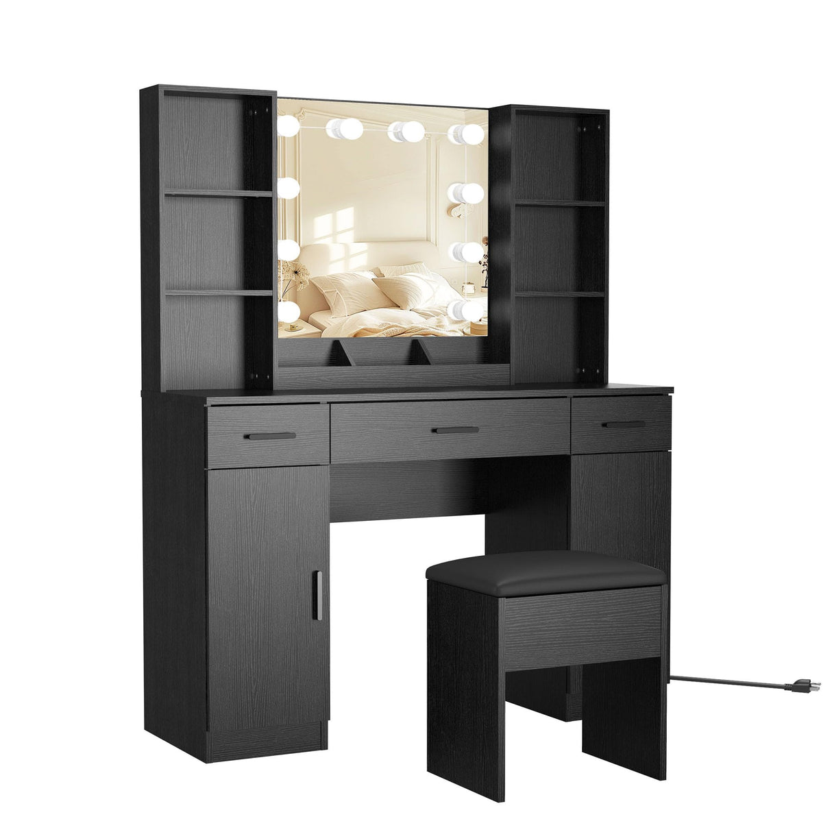 Vanity Desk, Makeup Table with Lights Vanity Set with 3 Drawers, 1 Cabinet & 6 Shelves 3 Lighting Modes Brightness Adjustable Dressing Table with Cushioned Stool for Bedroom, Dressing Room (Black) Panana