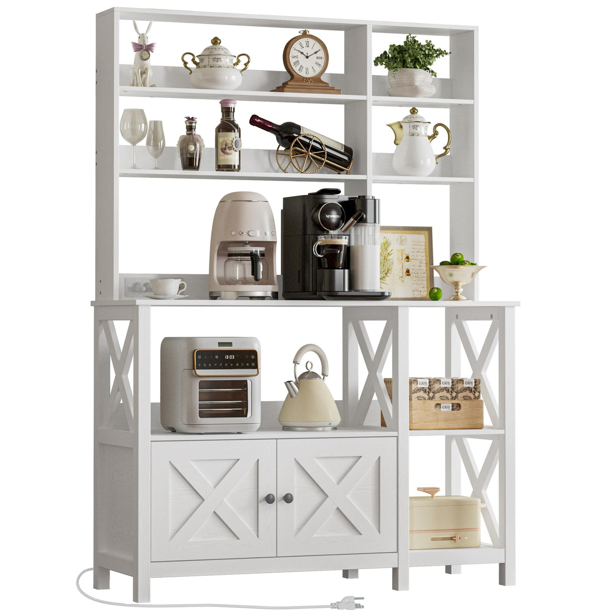 IRONCK Bakers Rack with Power Outlet, 45in Wide Coffee Bar Cabinet with Storage, 6-Tier Kitchen Storage with Doors, Microwave Stand for Kitchen, Dining Room IRONCK