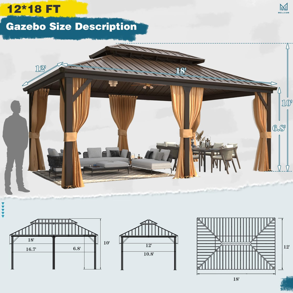 MELLCOM 12'x18' Hardtop Gazebo, Galvanized Steel Metal Double Roof Aluminum Gazebo with Curtain and Netting, Brown Permanent Pavilion Gazebo for Patio, Lawn & Garden MELLCOM