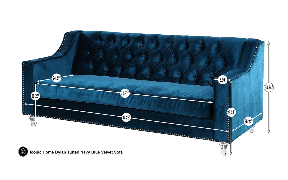 Iconic Home Dylan Velvet Modern Contemporary Button Tufted with Silver Nailhead Trim Round Acrylic Feet Sofa Iconic Home