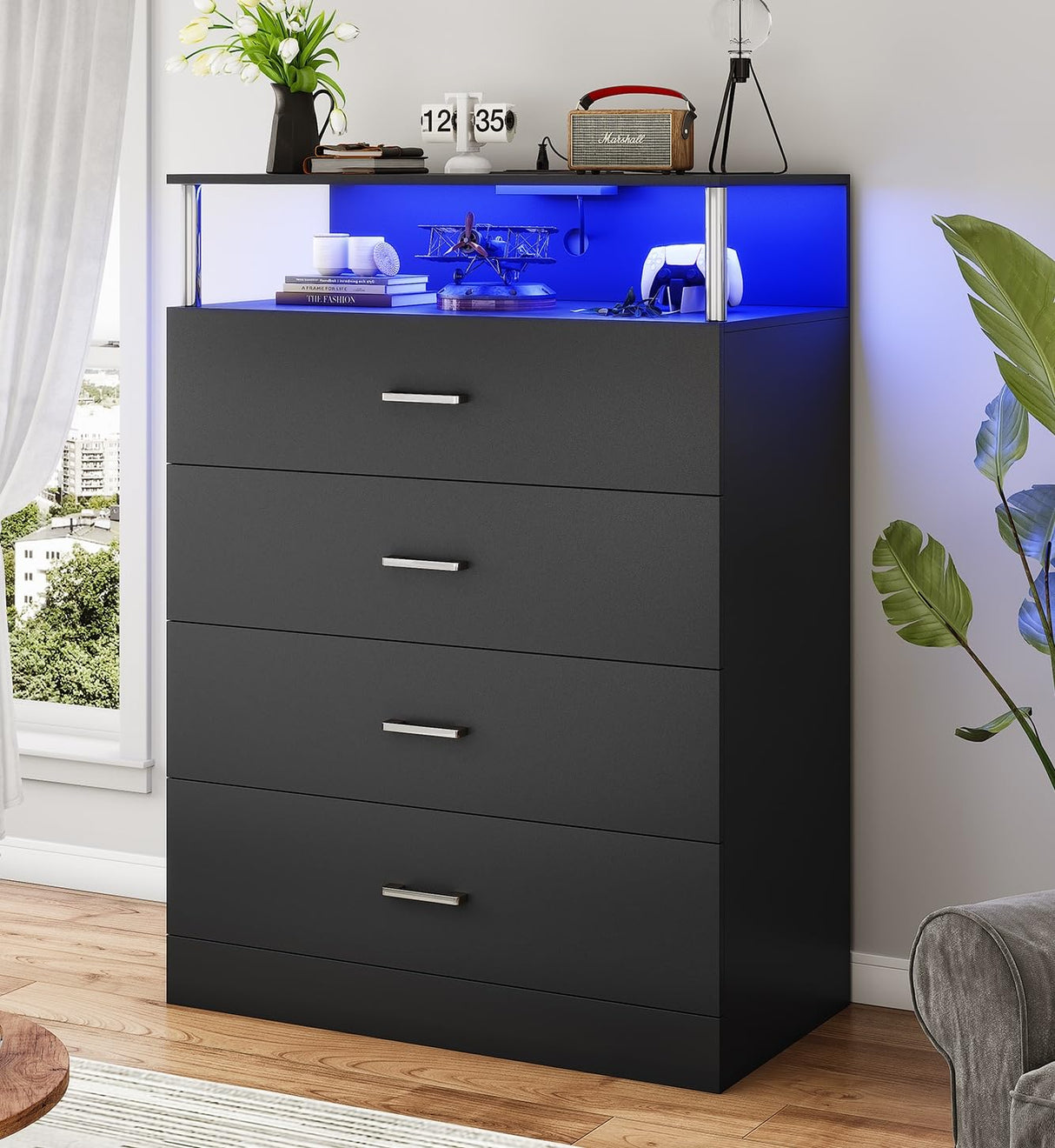 AOGLLATI Dresser for Bedroom with Column Design, 4 Drawer Dresser with Charging Station, Modern Bedroom Led Tall Black Dresser for Bedroom Closet AOGLLATI