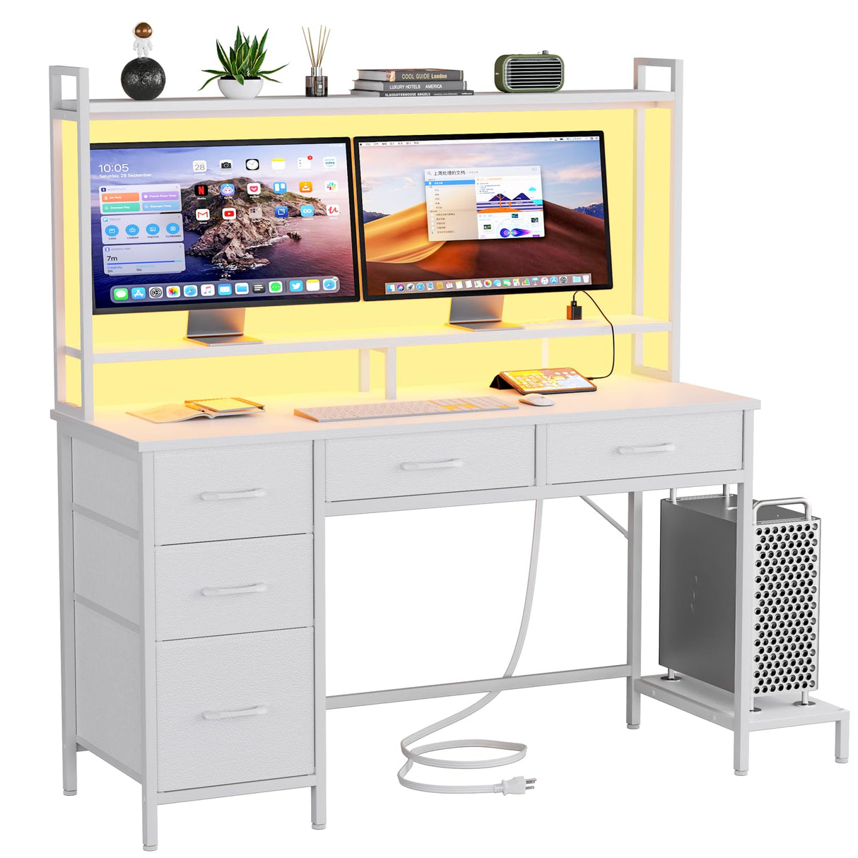 Korfile Computer Desk with Hutch, White Gaming Desk with Power Outlets & LED Ligthts & 5 Fabric Drawers, Home Office Desk with 2 Tiers Storage Shelves for Display, 47" PC Gamer Table for Bedroom Korfile