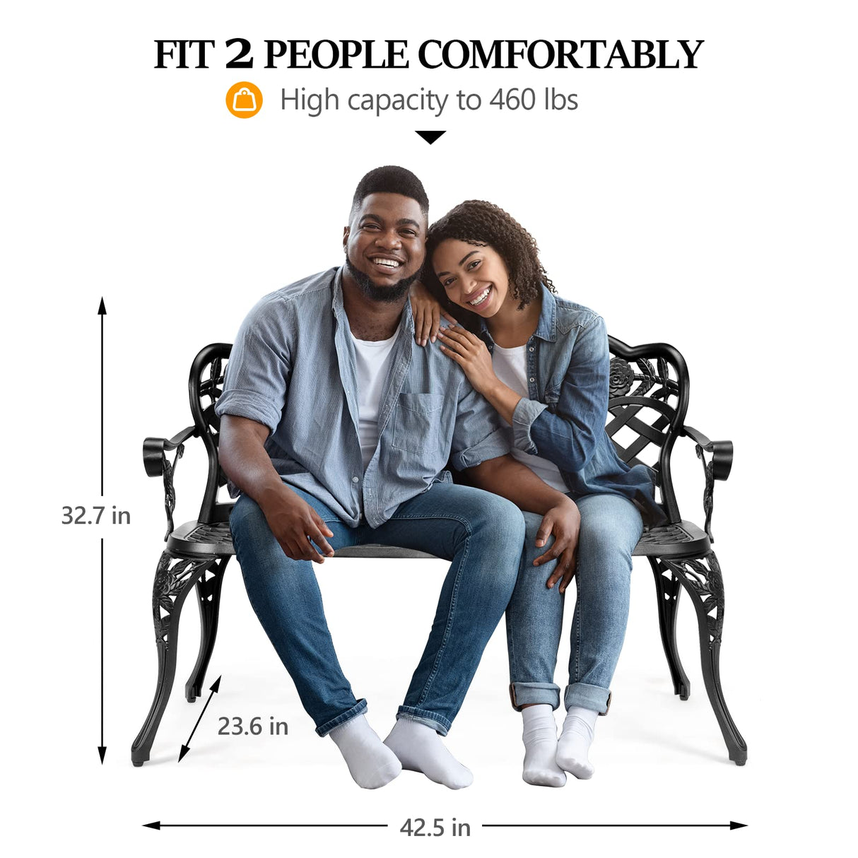 VINGLI 42.5" Outdoor Bench, Antique Cast Aluminum Front Porch Bench Metal Garden Benches Cast Iron Benches 2-3 People Seating (Black) VINGLI