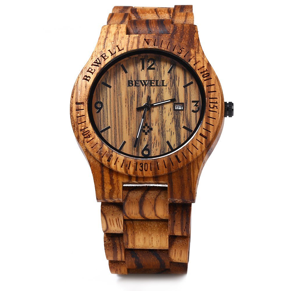 BEWELL ZS-W086B Mens Wooden Watch Analog Quartz Movement Date Display Lightweight Wood Wrist Watch (Zebra Wood) BEWELL