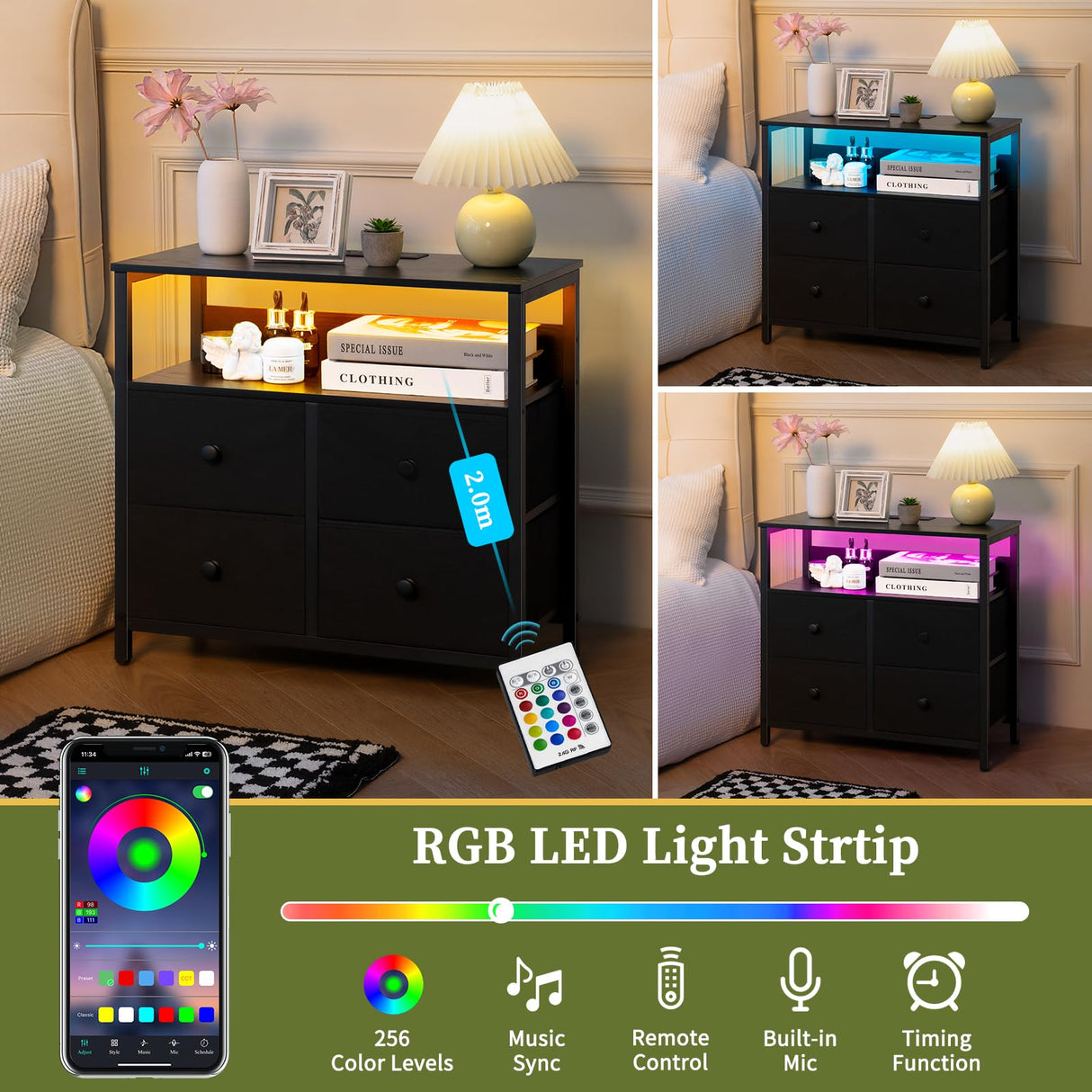 Yoobure Night Stand with Charge Station, Nightstand with 4 Drawers Bedside Table, LED Dresser with Storage Shelf, Night Stands for Bedroom, Side Table 3-Tier Wood End Table for Home, Office Black Yoobure