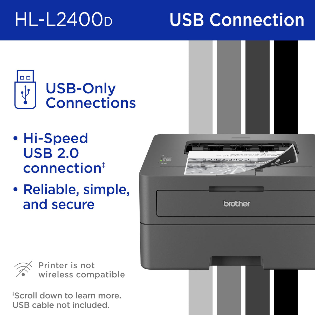 Brother HL-L2400D Compact Monochrome Laser Printer with Duplex Printing, USB Required (Cable not Included), Black & White Output Brother