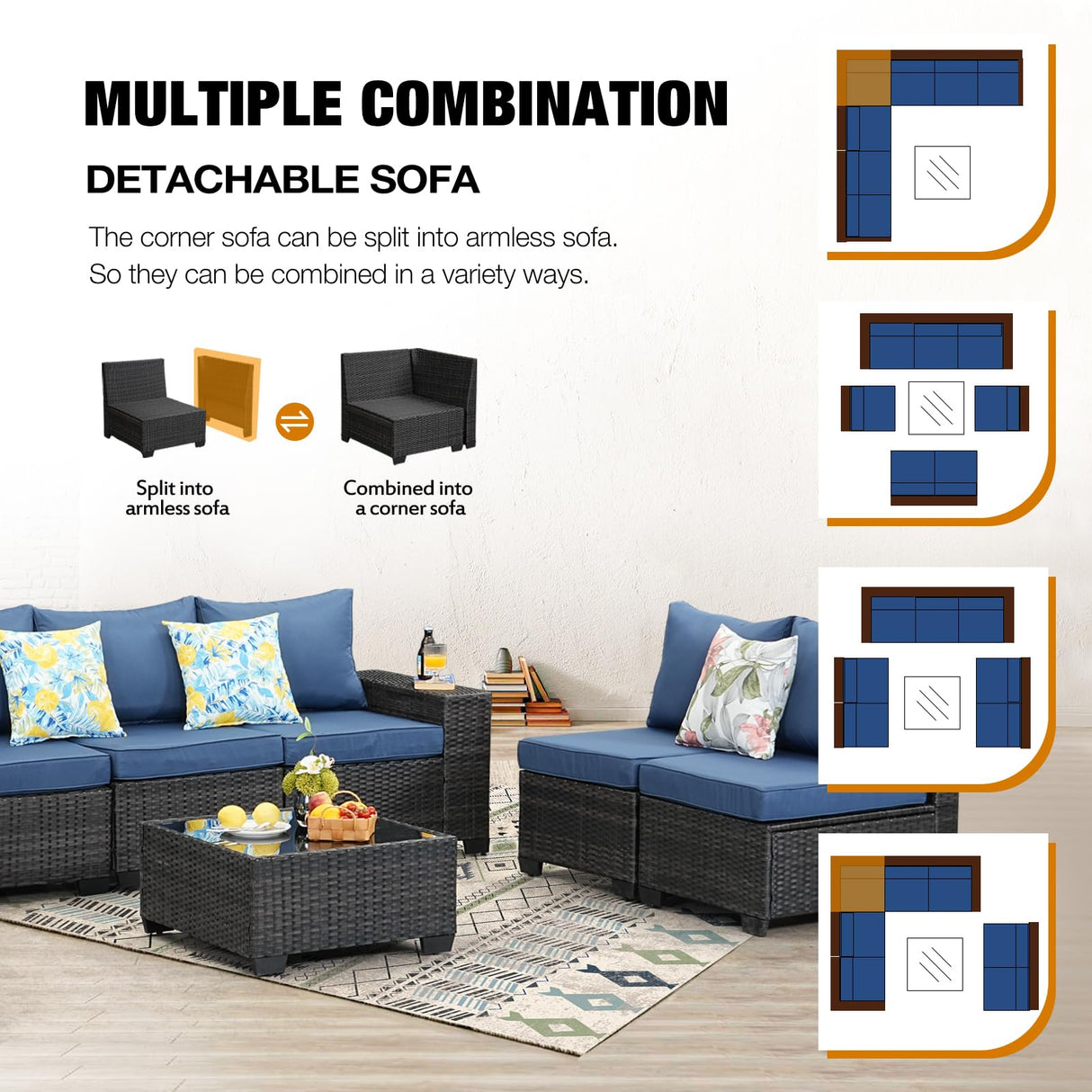 JOYURE 8 Pieces Patio Furniture Set All-Weather Outdoor Wicker Sectional Conversation Sofa Rattan Patio Seating Sofa with Cushion and Glass Table for Porch Poolside,Navy JOYURE