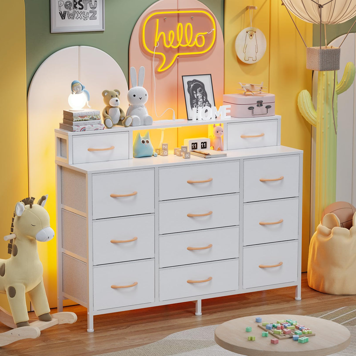 Furnulem White Dresser for Bedroom with LED Lights & Charging Station,47" Long Chests with 12 Fabric Storage Drawers,Wide Vanity Dressers Furniture for Closet,Entryway,2 Shelves Wood Top,Metal Frame Furnulem