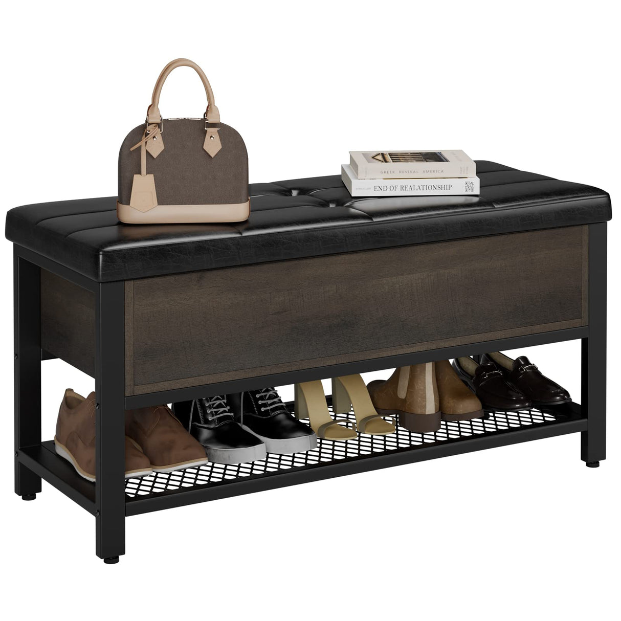 HOSTACK Storage Bench, Entryway Shoe Bench with Flip-Open Storage Box, End of Bed Ottoman Bench with Storage Shelf and Padded Seat for Bedroom, Hallway, Dark Brown HOSTACK