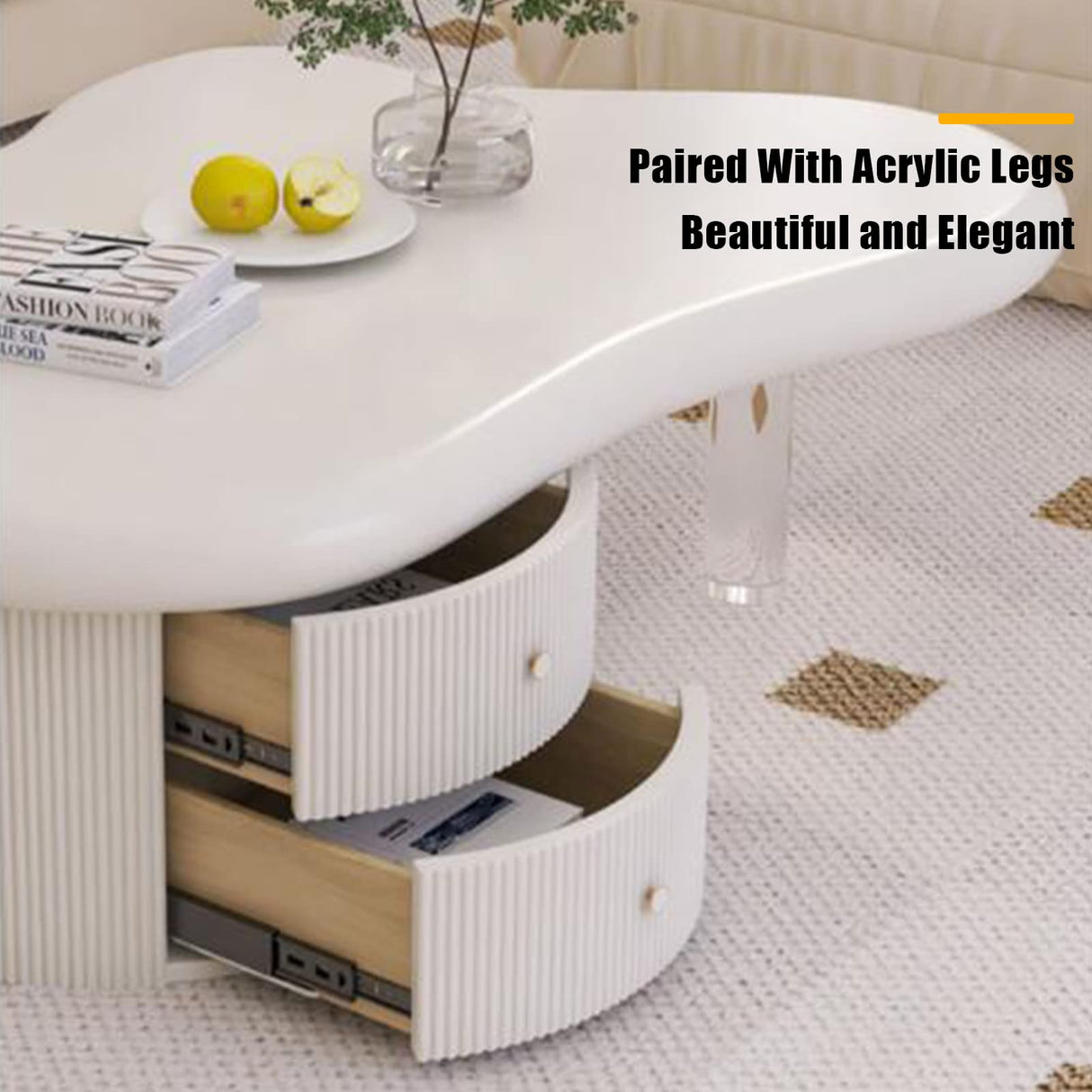 QQXX Cloud-Shaped LED Coffee Table,Irregular Cartoon Indoor Tea Table with 2 Drawers&Acrylic legs,Wood Round Corner Thicken End Table,for Living Room Bedroom(with light, Off white A) QQXX