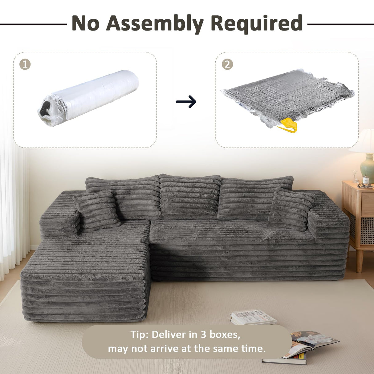 Grey Cloud Sectional Couch with L-Shape Chaise,Modern Modular Sofa with Deep Seat, Upholstered Couches with Left Facing Chaise for Living Room Bedroom, No Assembly Required, Plush Corduroy SIMTONAL