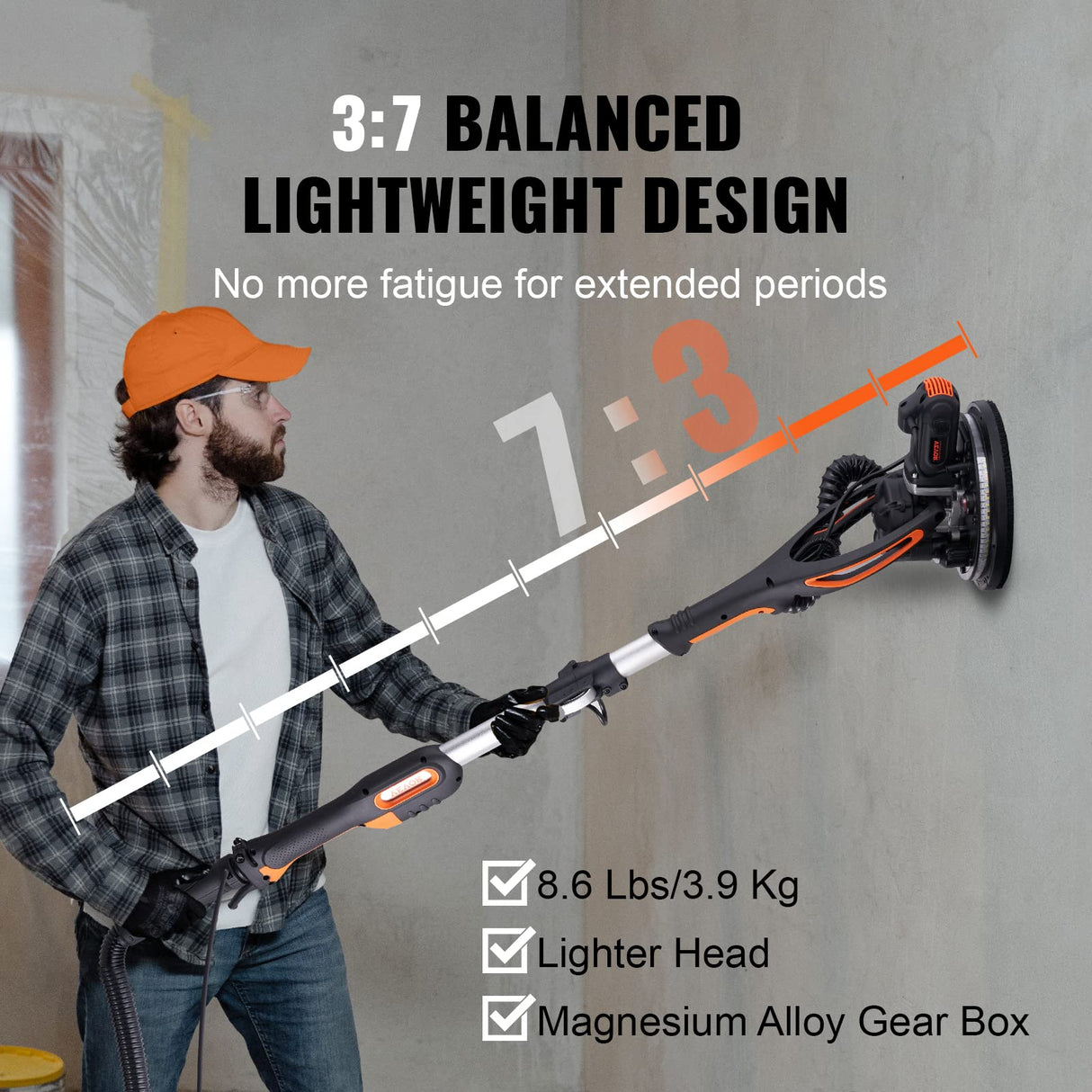 VEVOR Drywall Sander, 900W Electric Sander with 12 Sanding Discs, Variable Speed 800-1800 RPM Wall Sander with 3 Suction Ducts, Foldable Ceiling Sander & 2 LED Lights, Extendable Handle, Dust Bag VEVOR