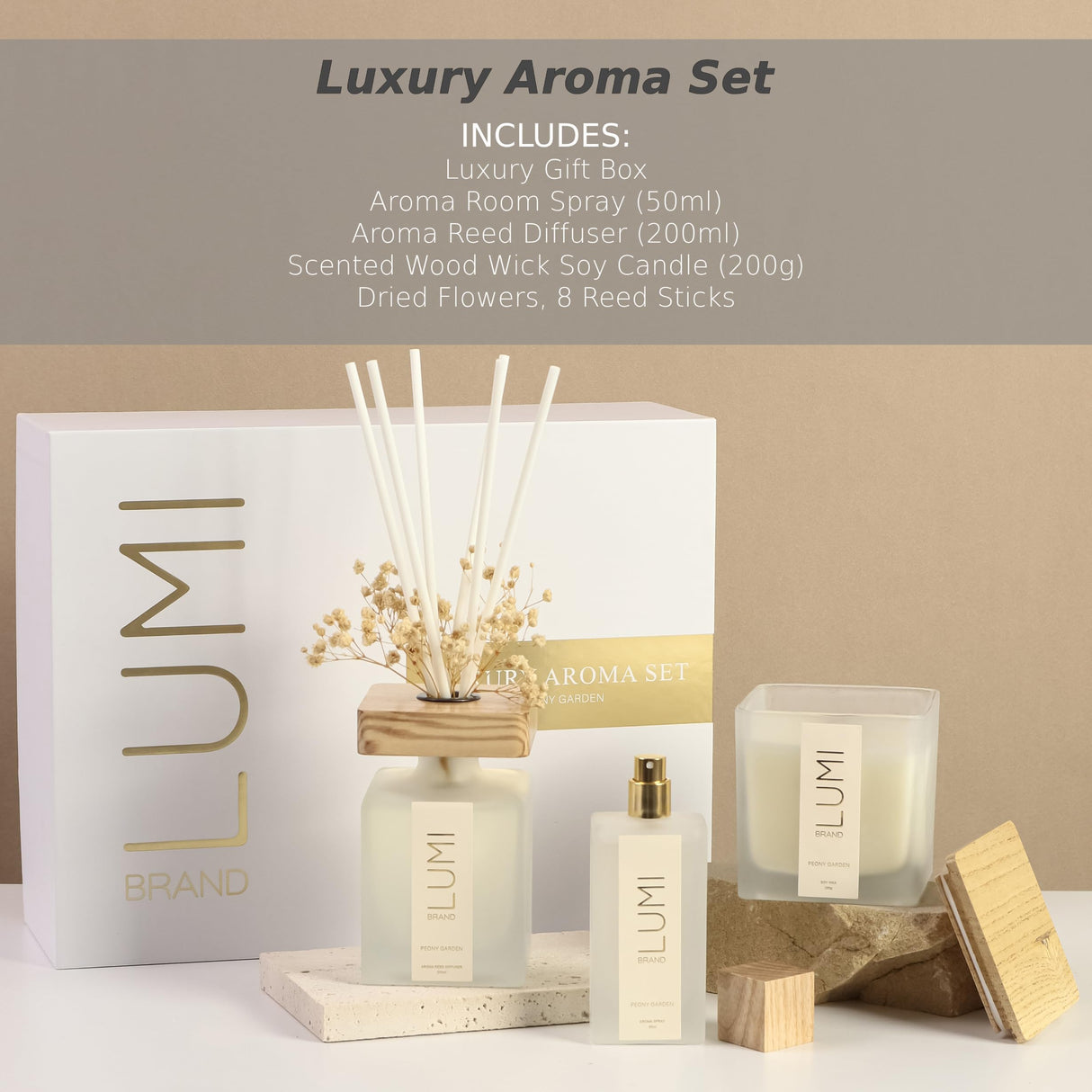 Luxury Aroma Set | Scented Reed Diffuser (200ml), Scented Wood Wick Soy Candle (200g), Aroma Room Spray (50ml), Includes Dried Flowers, 8 Reed Sticks - Home Fragrance Gift Set (Peony Garden) Lumi Brand