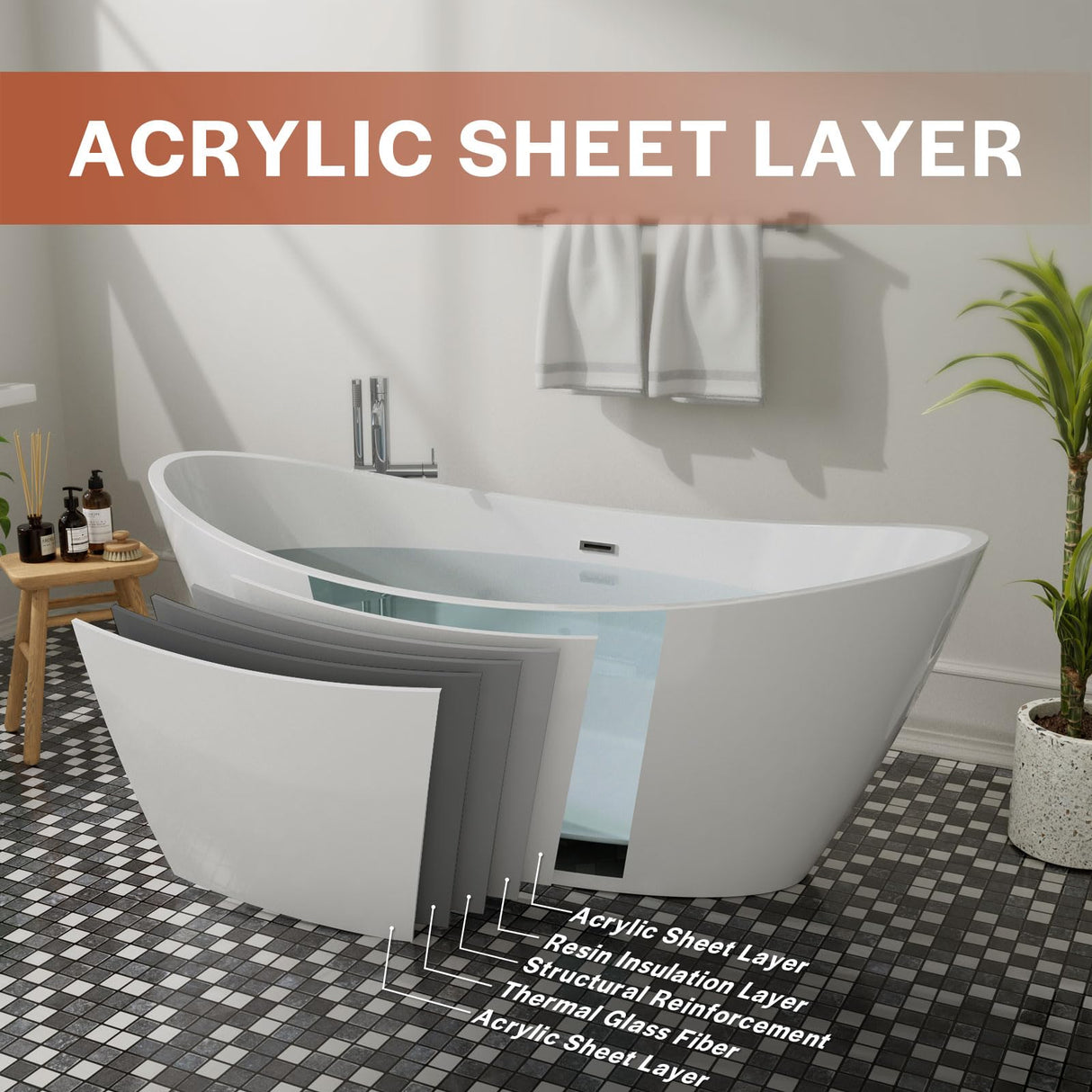 Empava Luxury 67 inch Acrylic Freestanding Bathtub Contemporary Soaking Tub with Overflow and Drain White BT518 Empava