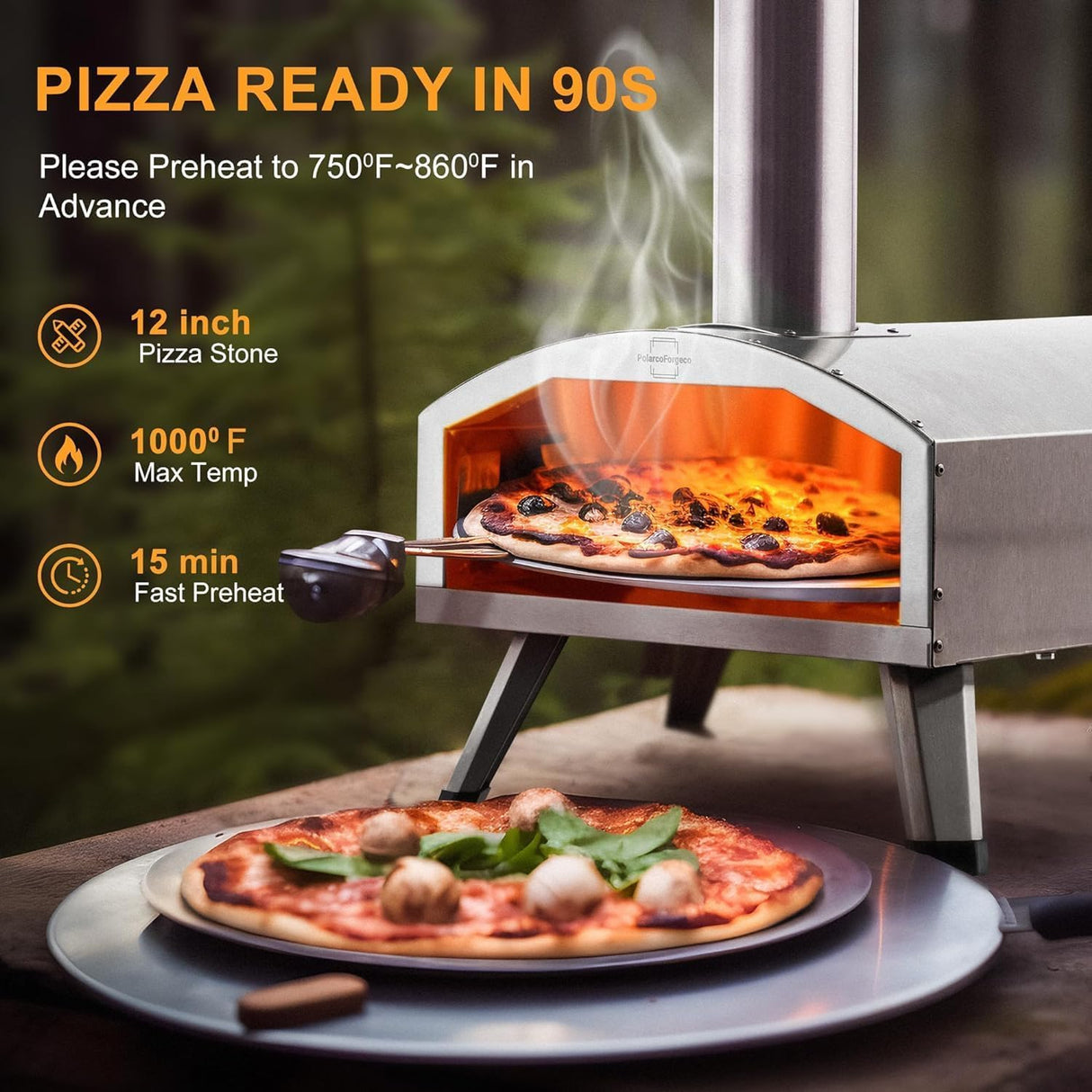 12” Portable Wood Fired Pizza Oven - Stainless Steel Pellet Pizza Stove for Outdoor Cooking, Backyard & Camping PolarcoForgeco