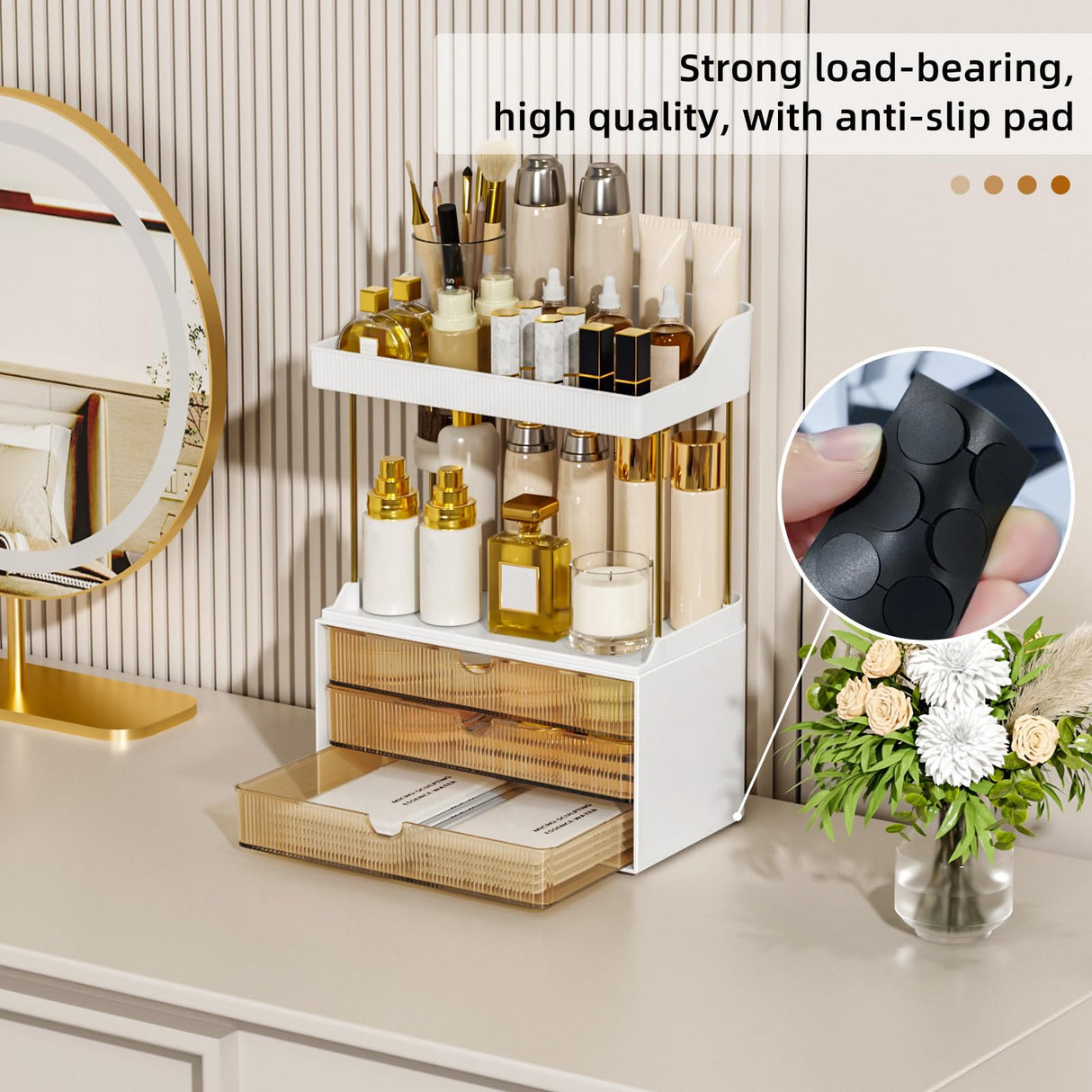 3 Drawers Makeup Organizer - 5 Tier Bathroom Organizers and Storage, Versatile Perfume Organizer, Vanity Organizer, Ideal for Cosmetic, Large Skincare, Face Mask, Office Supplies, Amber StorBin