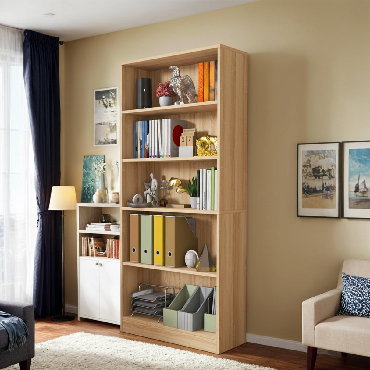 holzart 71" Tall Book Shelf, 5 Tier Large Bookshelf, Standing Wood Display Book Shelf for Living Room, Office, Library with Doors, 31.5" W x 70.87" H x 11.81" D, Oak holzart