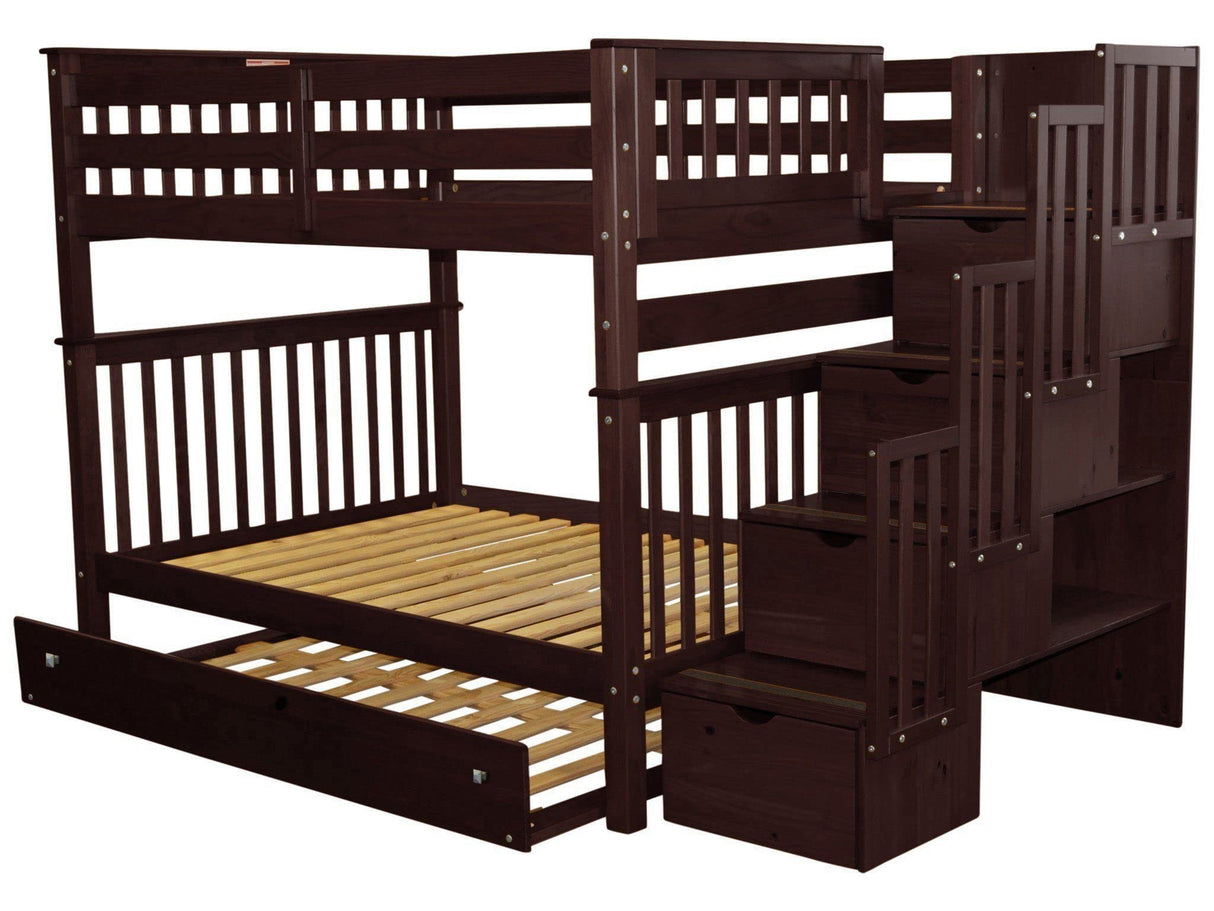 Bedz King Stairway Bunk Beds Full Over Full with 4 Drawers in The Steps and a Full Trundle, Dark Cherry Bedz King