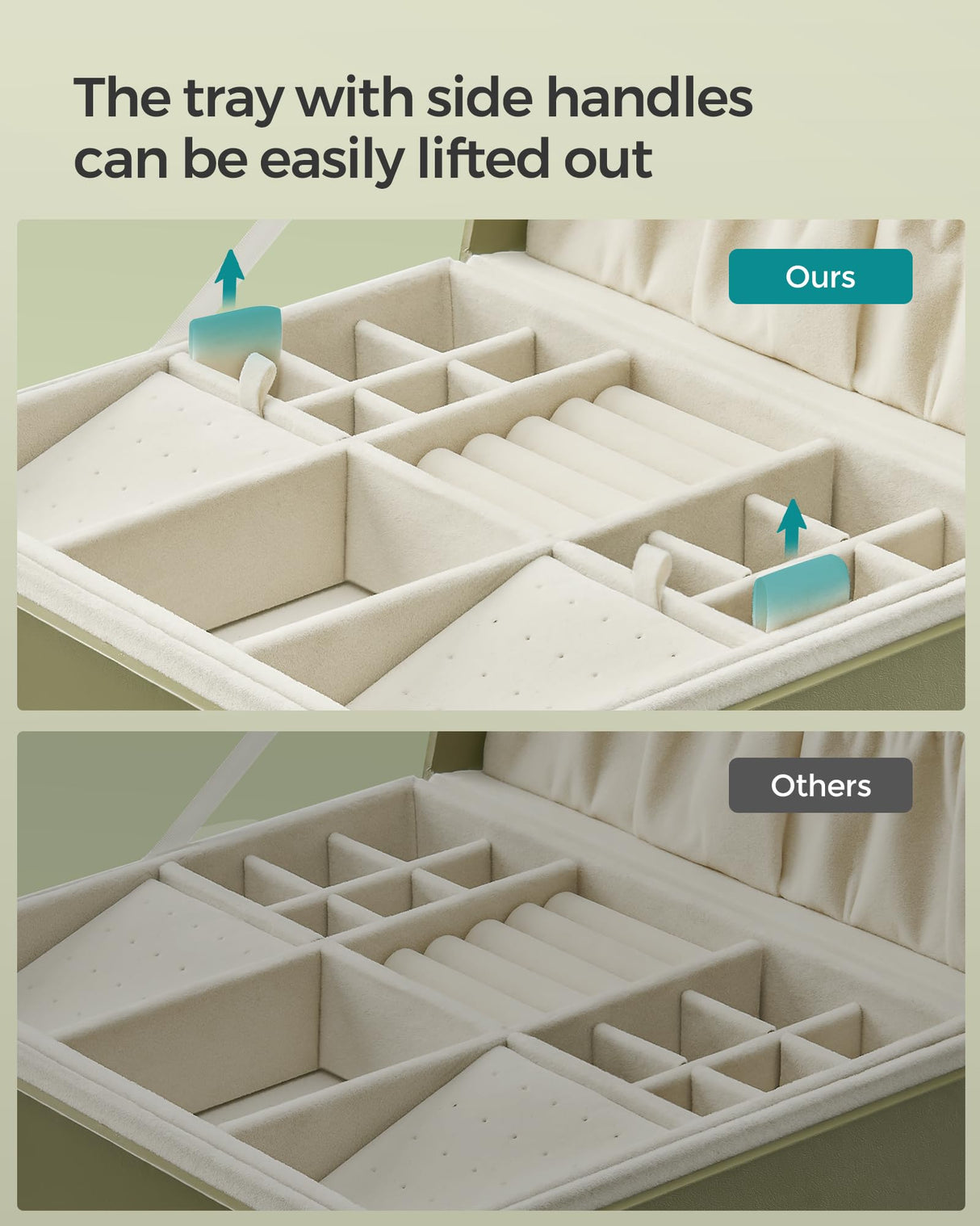 SONGMICS 2-Layer Jewelry Box, Jewelry Organizer with Handle, Removable Jewelry Tray, Jewelry Storage, Floating Effect, 8.1 x 9.4 x 4.3 Inches, Gift Idea, Laurel Green UJBC165C02 SONGMICS