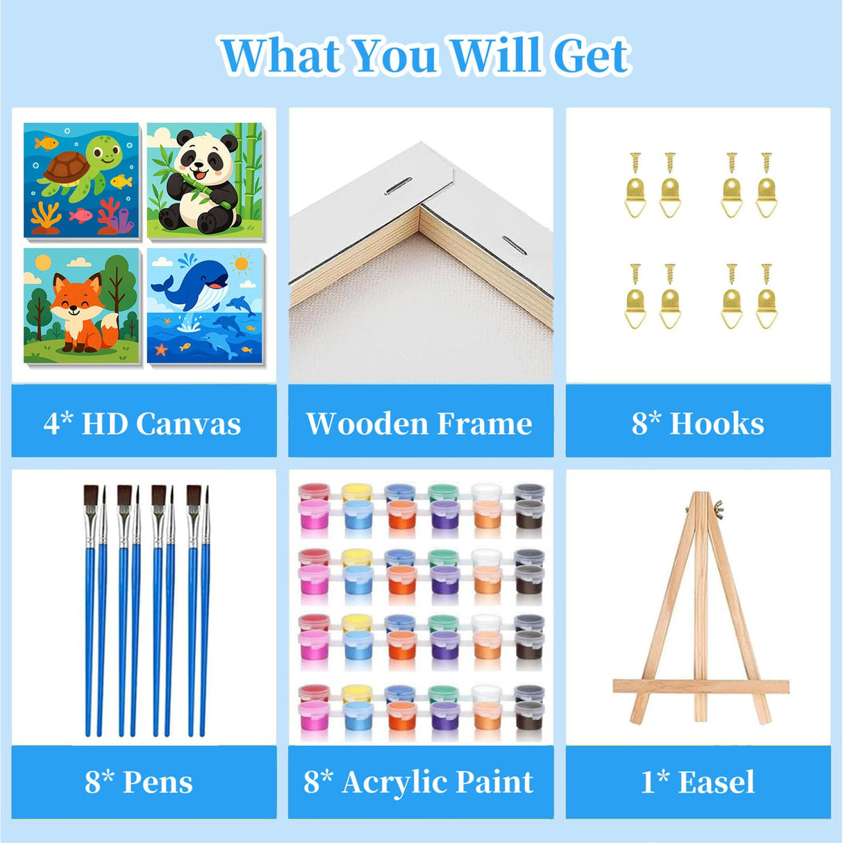 Arttoplus 4 Pack Paint by Numbers Kit for Kids with Frame,Cute Animals Kids Paint by Numbers Ages 4-6-8 with Wooden Easel,Easy DIY Acrylic Oil Painting by Number for Gift Home Wall Decor(8x8 inch) Arttoplus