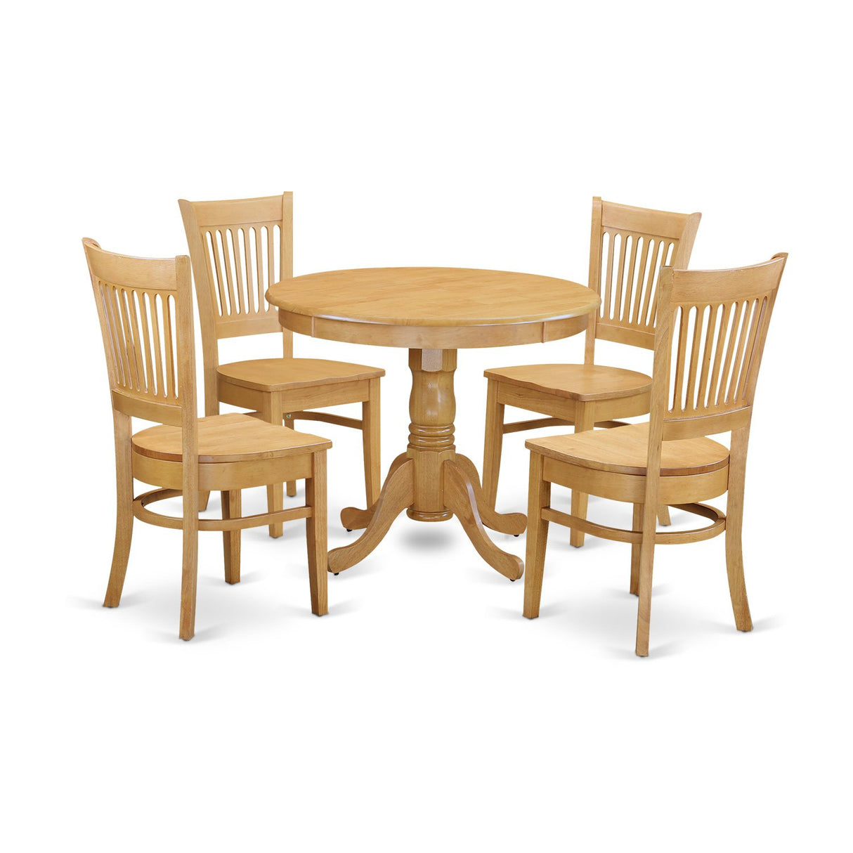 East West Furniture ANVA5-OAK-W 5 Piece Dining Set Includes a Round Dining Room Table with Pedestal and 4 Wood Seat Chairs, 36x36 Inch, Oak East West Furniture