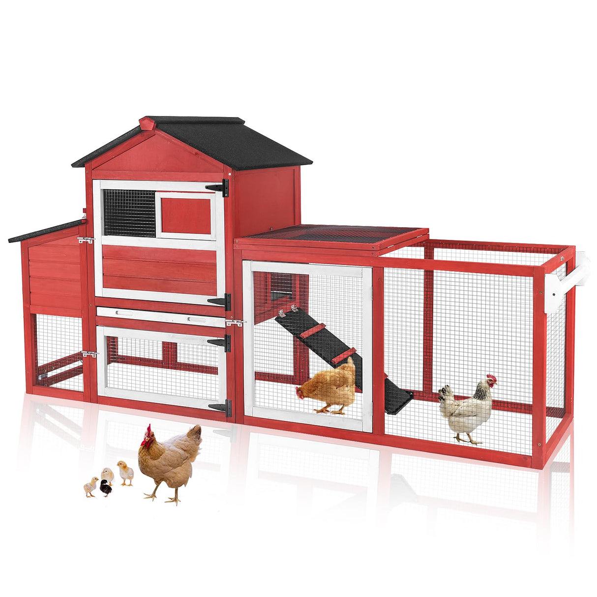 Aivituvin Chicken Coop Expandable Mobile Chicken House for Outdoor with Wheels, Nesting Box, Leakproof Pull-on Tray and UV-Resistant Roof Panel (Red) Aivituvin