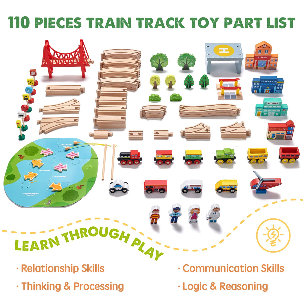Tiny Land Train Set 110pcs Wooden Train Set, Toy Train for Boys & Girls with Wooden Train Track, Wooden Toys for 3-7 Years Old Toddlers & Kids, Tiny Land