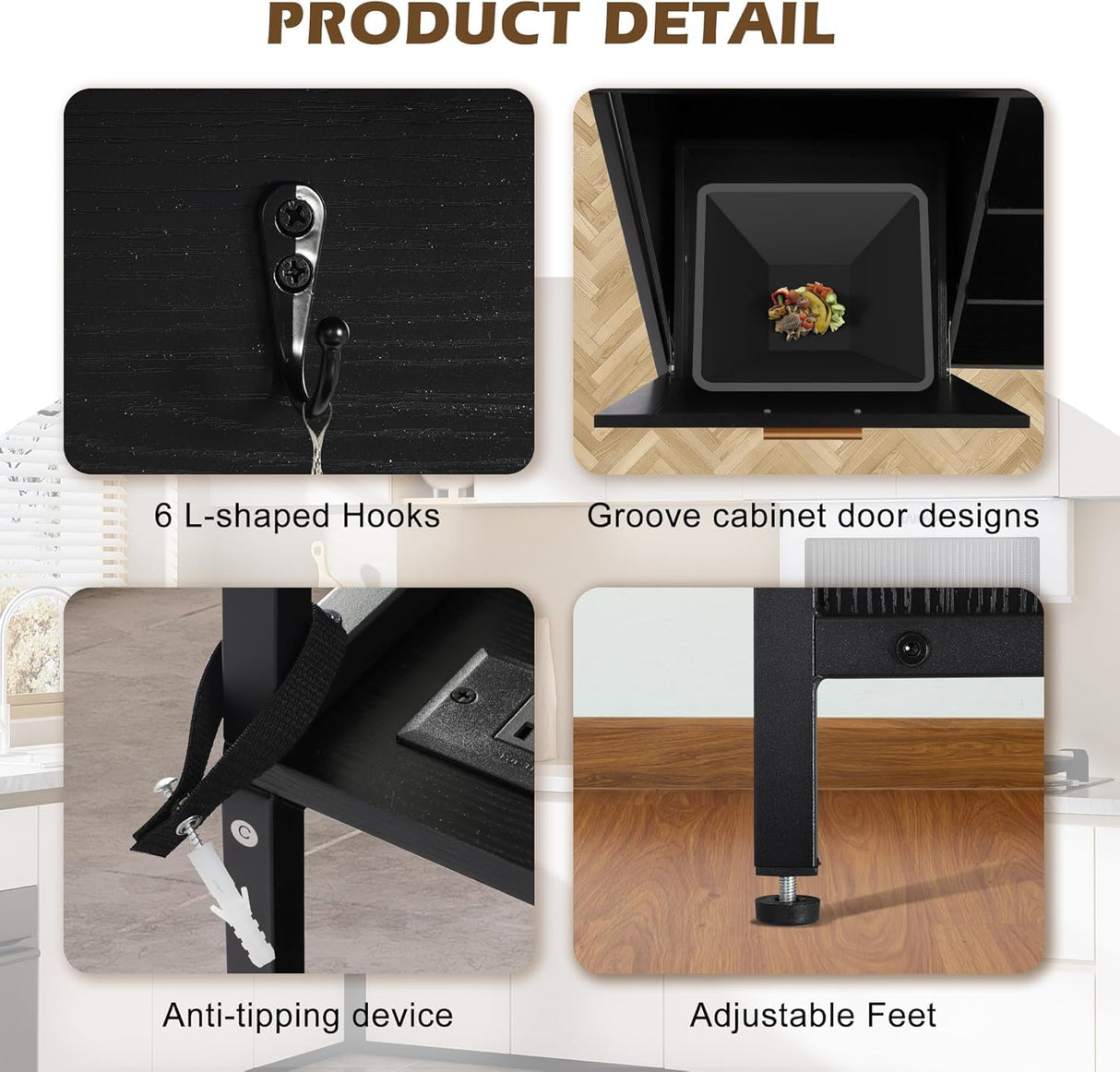 MAGIC UNION Bakers Racks Kitchen Microwave Stand Cabinet with 10 Gallon Trash Can Bin Cabinet and Power Outlet, 6-Tiers Farmhouse Coffee Bar Table Station with 6 Hooks and Storage Shelf, Black (Black) MAGIC UNION