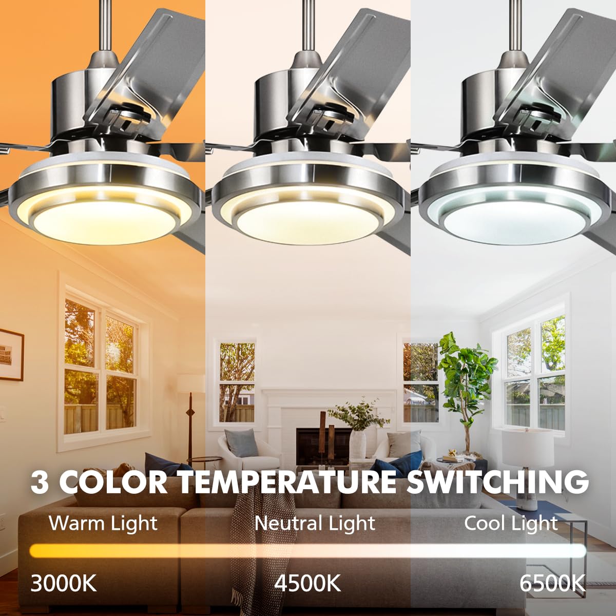 Fandian 48" Modern Ceiling Fans with Lights Remote Control Reversible Fan, Stainless Steel Blades, 3 speeds and 3 Color Changes Lighting Fixture with LED Board for Bedroom Living Room Fandian