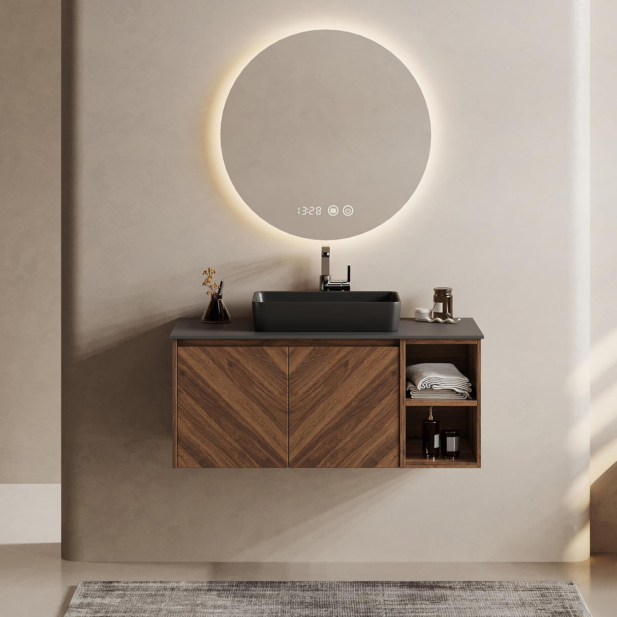 FHKJ 36 Inch Floating Bathroom Vanity with Sink Combo, Modern Wall Mounted Vanity Bathroom Storage Cabinet with Sintered Stone Top Ceramic Basin, Open Shelf FHKJ