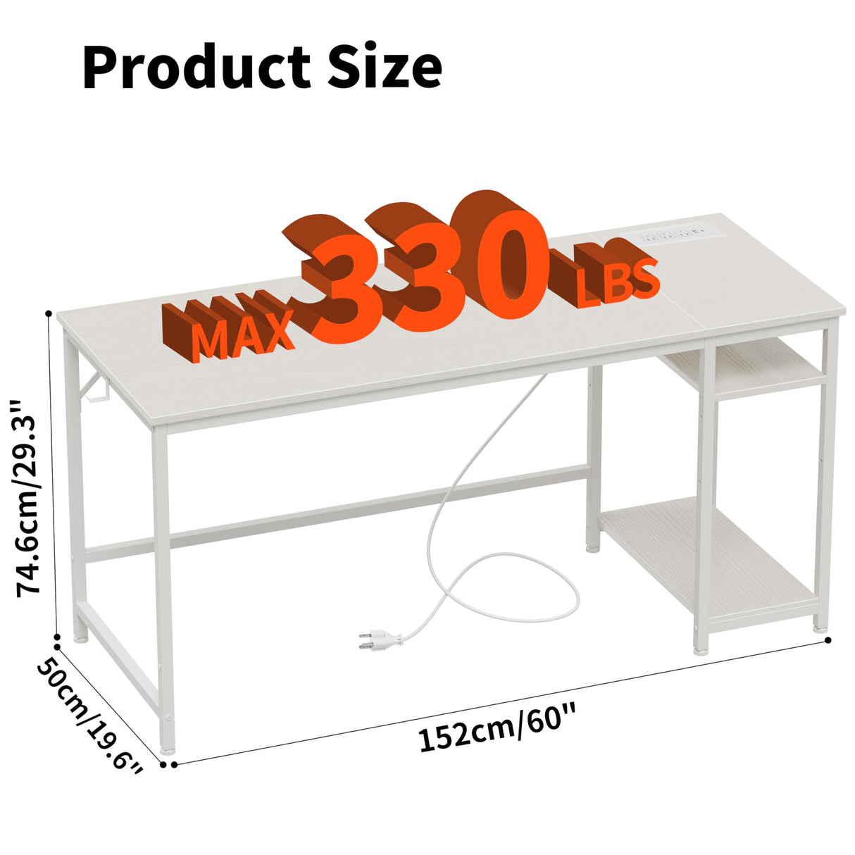 JOISCOPE Computer Desk with USB & Type-C Outlet, Home Office Desk with 2-Tier Storage Shelves, Modern Gaming Desktop Workstation, 60 inches, White JOISCOPE