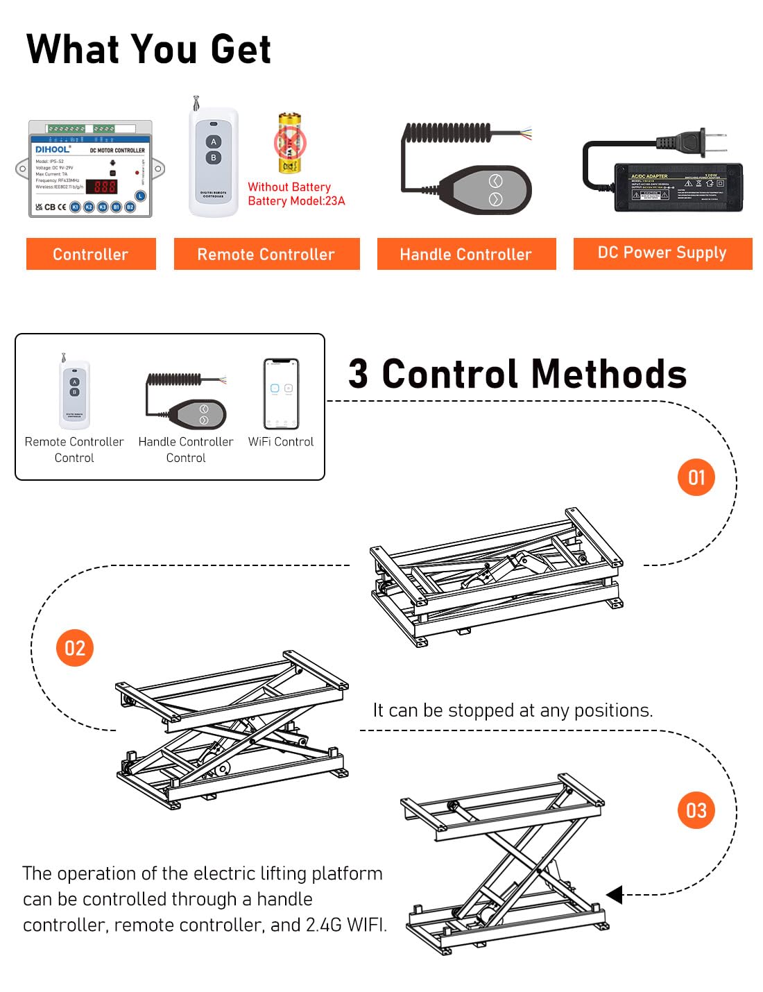 DIHOOL Electric Scissor Lift Table 350LB Load, 195-680MM Height Adjustable Electric Lifting Platform DIHOOL