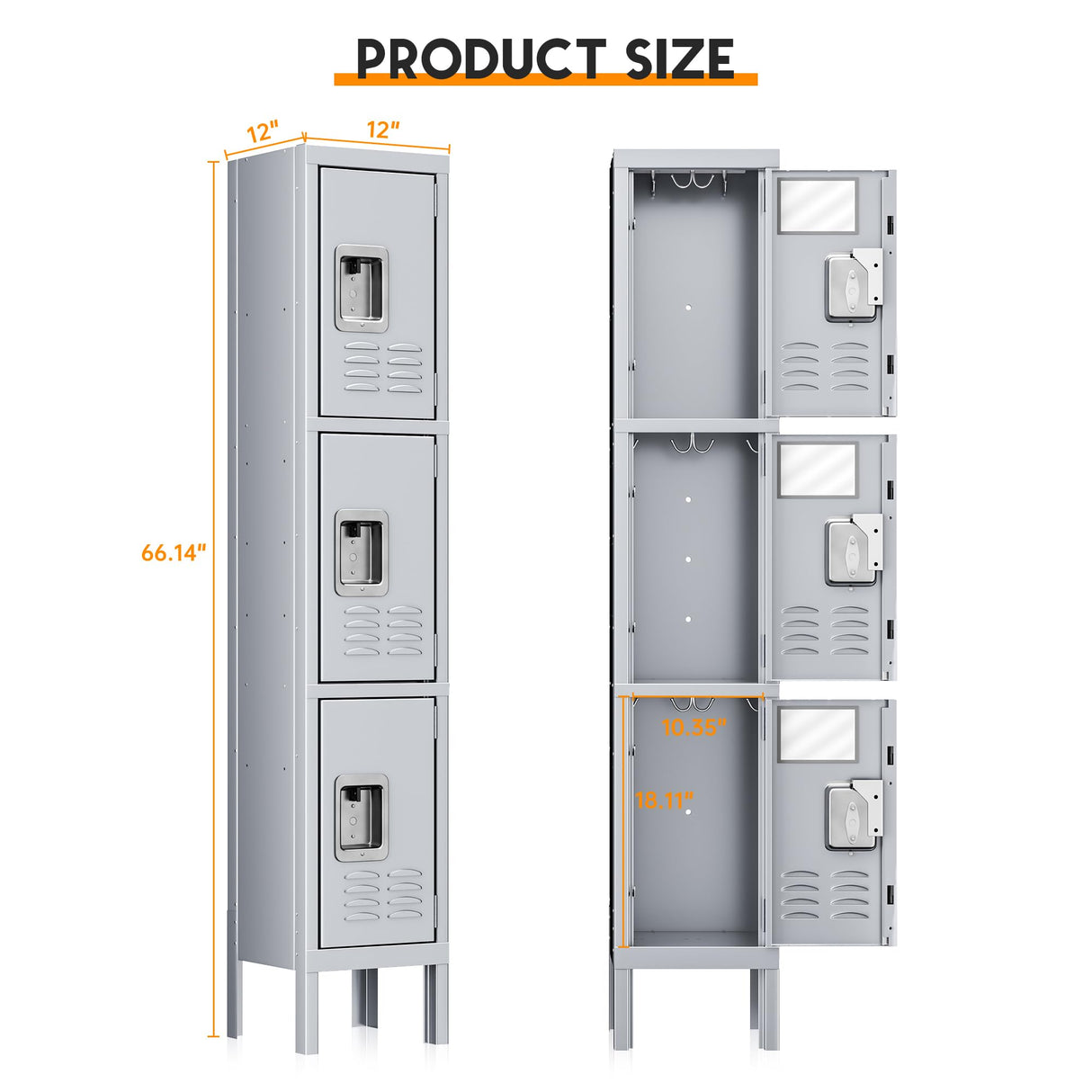 INTERGREAT Metal Lockers for Employees, 3 Door Storage Locker, Tall Steel Locker Cabinet for School, Office, Home, Gym, Kid Room, with Mirror (3-Tier,Grey) INTERGREAT