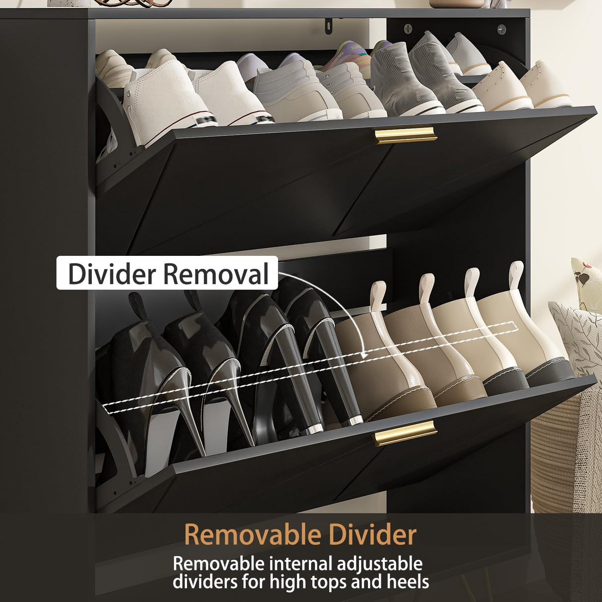 LYNSOM Shoe Cabinet with 2 Flip Drawers, Black Shoe Storage Cabinet, Slim Wooden Freestanding Shoe Rack, Shoe Organizer with Fluted Panel for Entryway Hallway LYNSOM