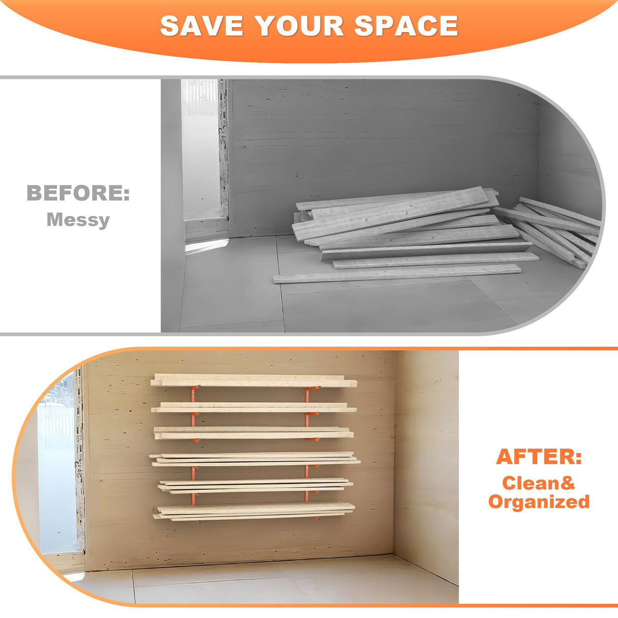 Ultrawall Lumber Storage Rack Wall Mount Wood Storage Racks, Metal Wood Organizer Racks for Shed, Workshop, Garage, Holds Up 220 LBS Per Level (Pack of 4, Orange) Ultrawall