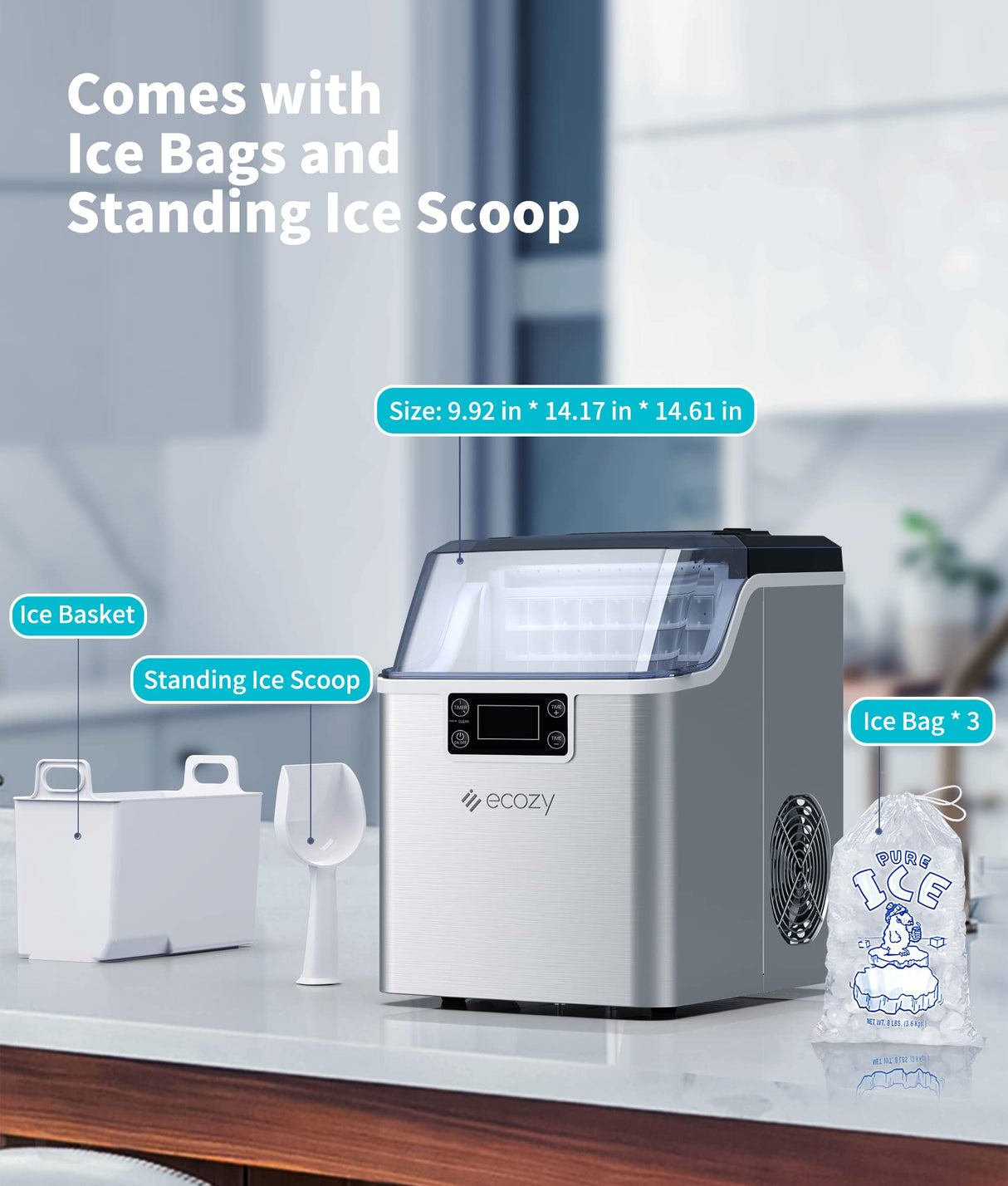 ecozy Countertop Ice Makers, 45lbs Per Day, 24 Cubes Ready in 13 Mins, Stainless Steel Housing, Auto Self-Cleaning Ice Maker with Ice Bags and Ice Scoop for Kitchen Office Bar Party ecozy