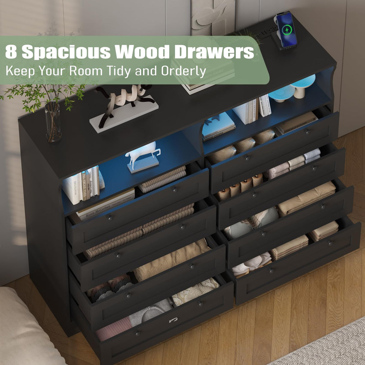 GarveeHome 55" W Black Dresser for Bedroom, 8 Drawer Dresser with Led Lights and Charging Station, Large Chest of Drawers Storage Organizer with Storage Shelves for Living Room, Entryway GarveeHome