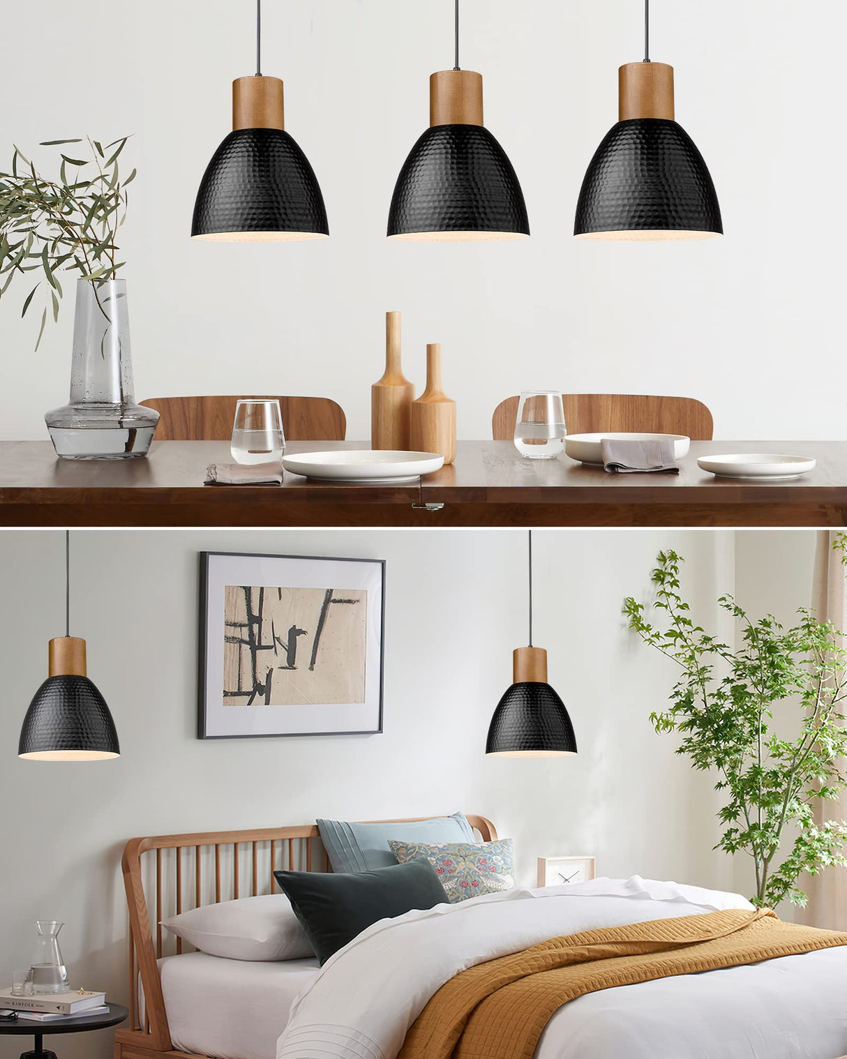 ELYONA Industrial Pendant Light, Solid Wood Hanging Lamp with 7” Hammered Metal Shade, Farmhouse Pendant Light Fixtures for Kitchen Island, Dining Room, Bedroom, Bar, Office, Modern Black, Small ELYONA