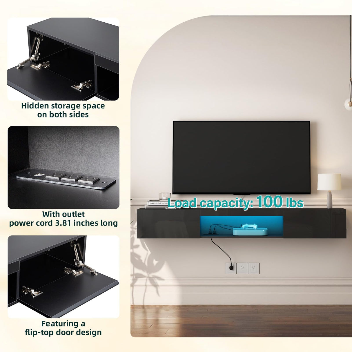 Floating TV Stand Shelf for TVs up to 80 Inch, Floating TV Cabinet with LED Light, Modern Wall Mounted Media Console Shelf with Power Outlets, Entertainment Center for Under TV Storage, Black Msutree
