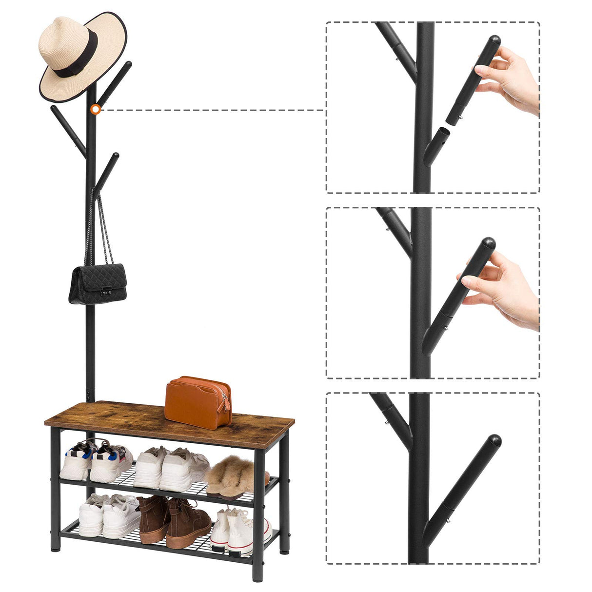 HOOBRO Coat Rack Shoe Bench, 3-Tier Shoe Rack, Industrial Shoe Organizer Storage Bench, Entry Bench with Mesh Shelves, for Entryway, Living Room, Hallway, Easy Assembly, Rustic Brown BF12HX01 HOOBRO