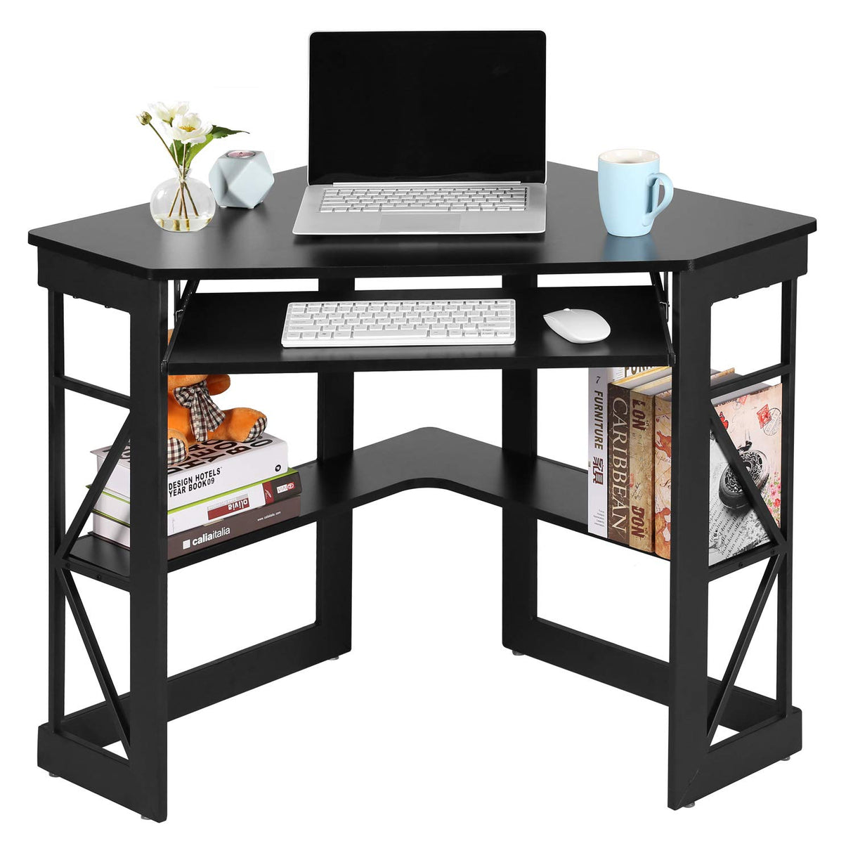 VECELO Corner Computer Desk 41 x 30 inches with Smooth Keyboard & Storage Shelves for Home Office Workstation, Black VECELO