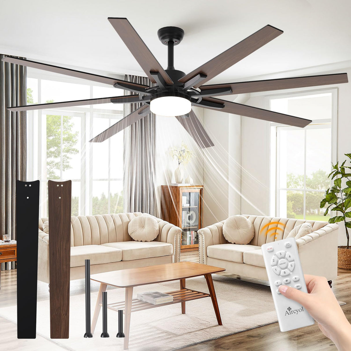 72 inch Large Ceiling Fans with Lights and Remote Indoor/Outdoor Ceiling fan for Living Room Patio Gazebo Kitchen Farmhouse Ceiling Fan Industrial 6 Speed Reversible Quiet DC Motor Dual Side 8 Blades Aircyol