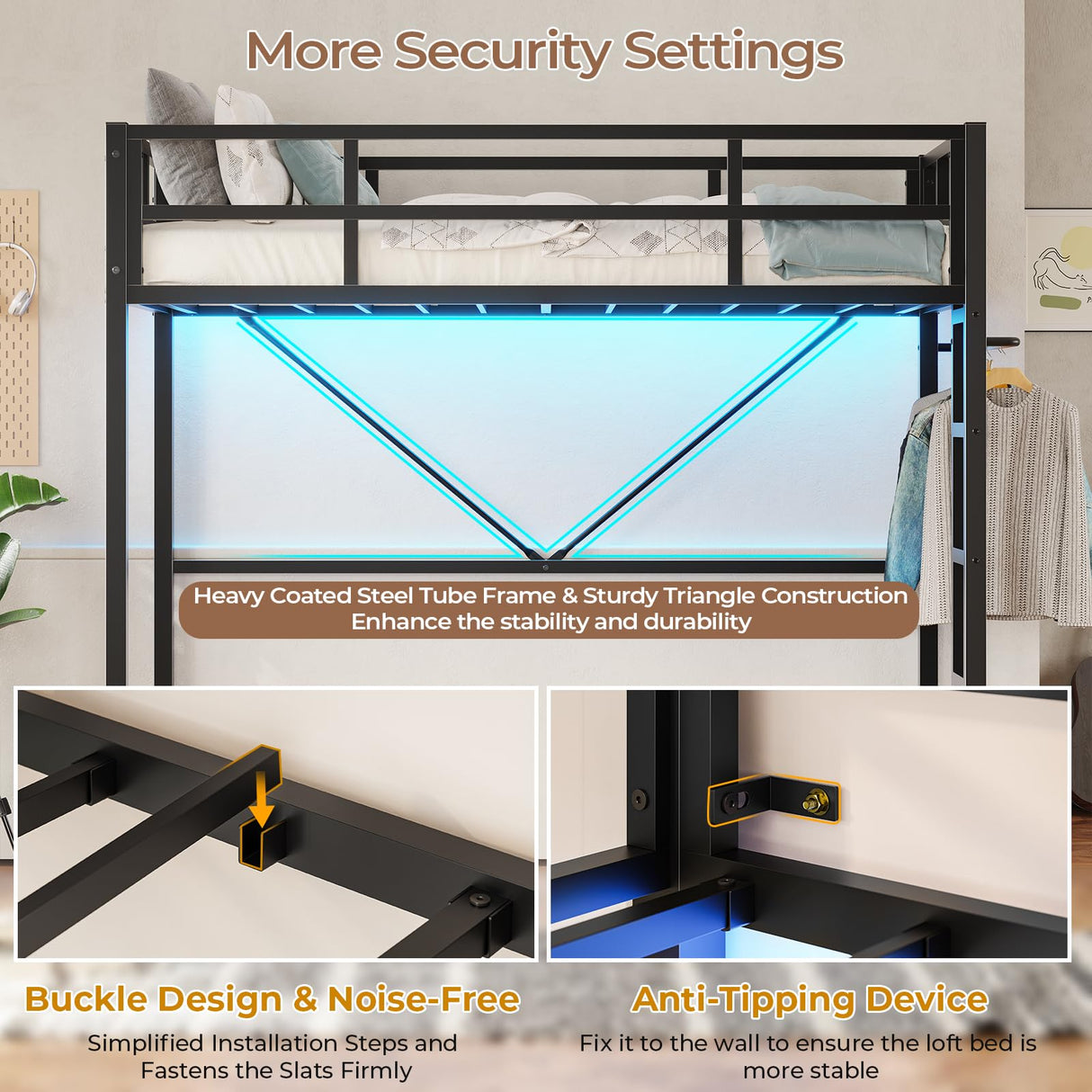 DICTAC Loft Bed Twin Size with Led Lights Metal Twin Loft Bed with Full-Length Guardrail and Ladder for Junior, Heavy Duty Metal Sltas Support,Noise-Free, Space-Saving, No Box Spring Needed, Black DICTAC