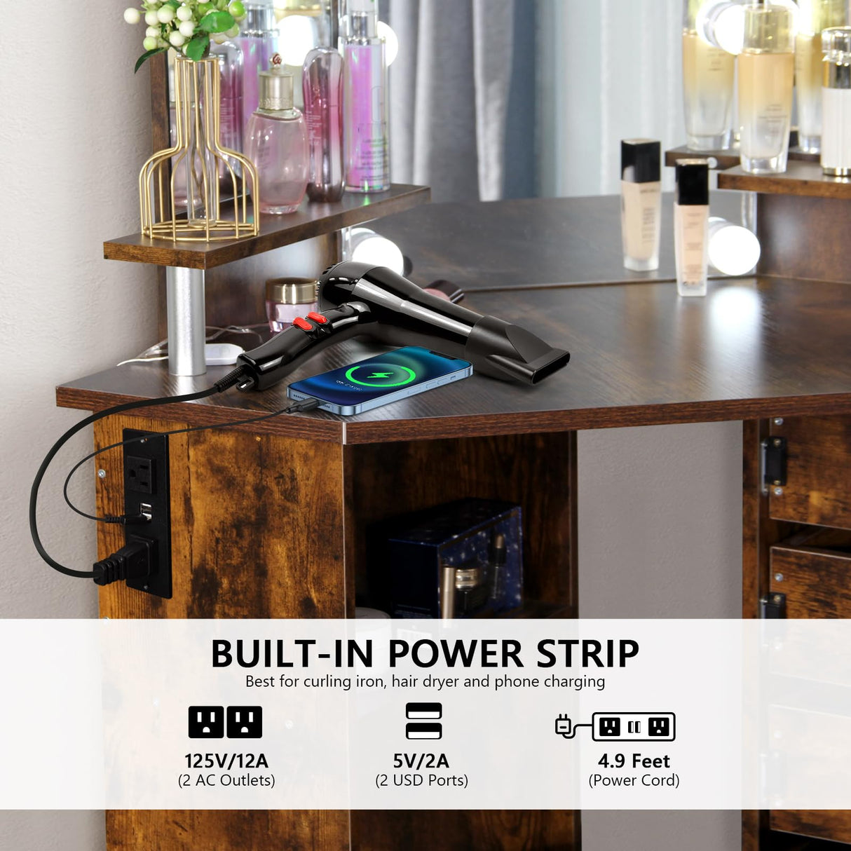 VOWNER Vanity with Lights - Makeup Vanity Desk with Power Outlet, 3 Color Lighting Options Brightness Adjustable, Vanity Table with 5 Rotating Drawers, Shelves and Stool for Bedroom, Rustic VOWNER