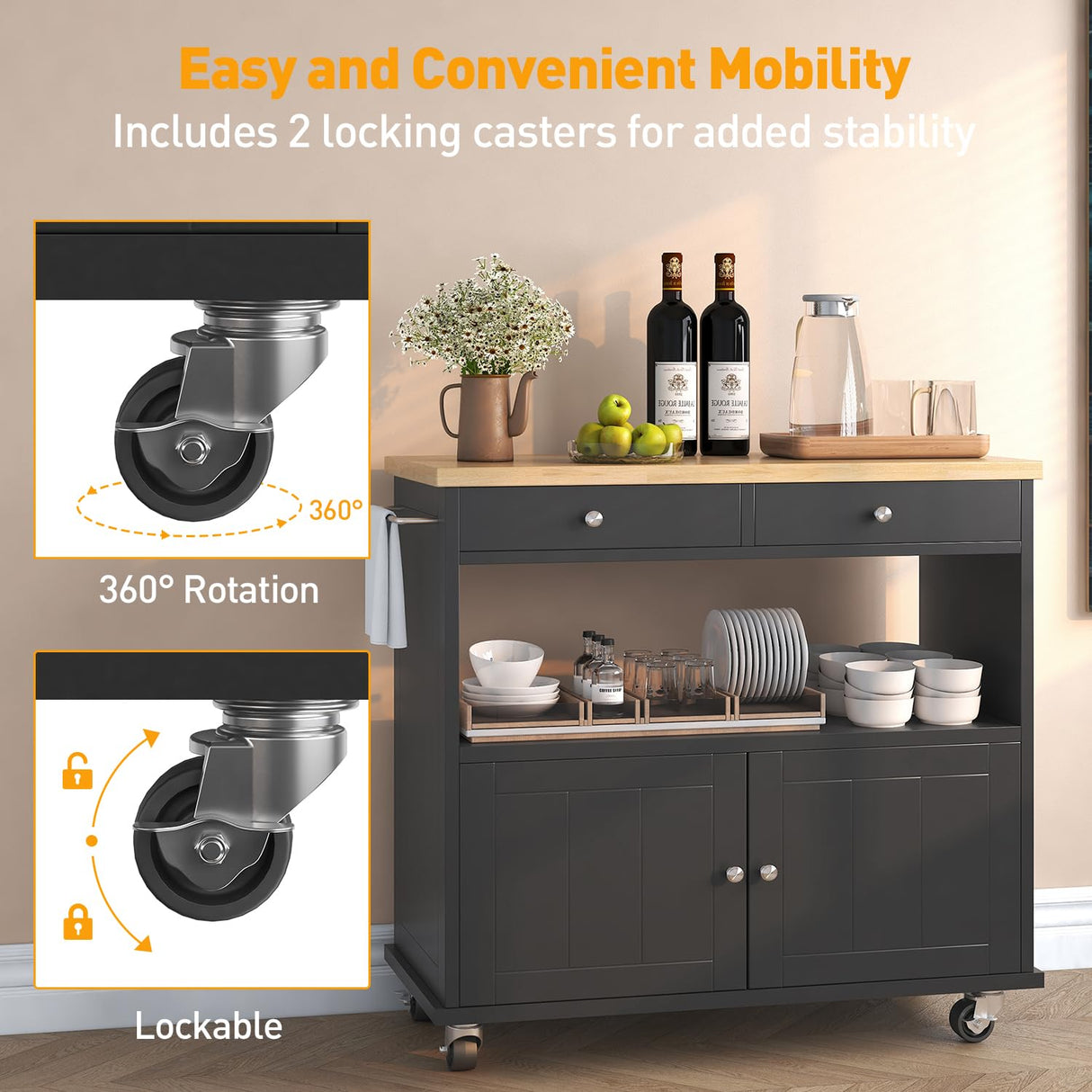 knoworld Rolling Kitchen Island with Storage Cabinet, 35.4'' Width Kitchen Cart, 2 Drawers Island Table, Portable Mobile Kitchen Island with Towel Rack, Wood Top and Lockable Wheels, Black knoworld